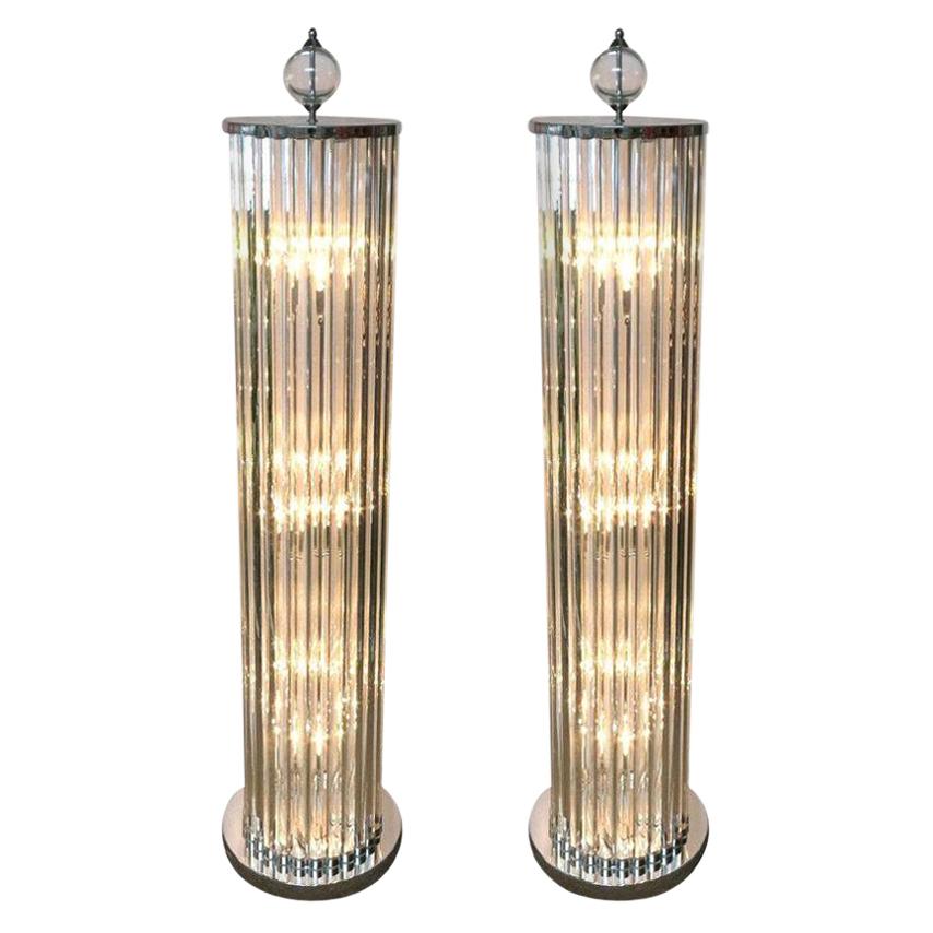 Stunning Pair of Italian Floor Lamps w/ Crystal Bars, 1980s