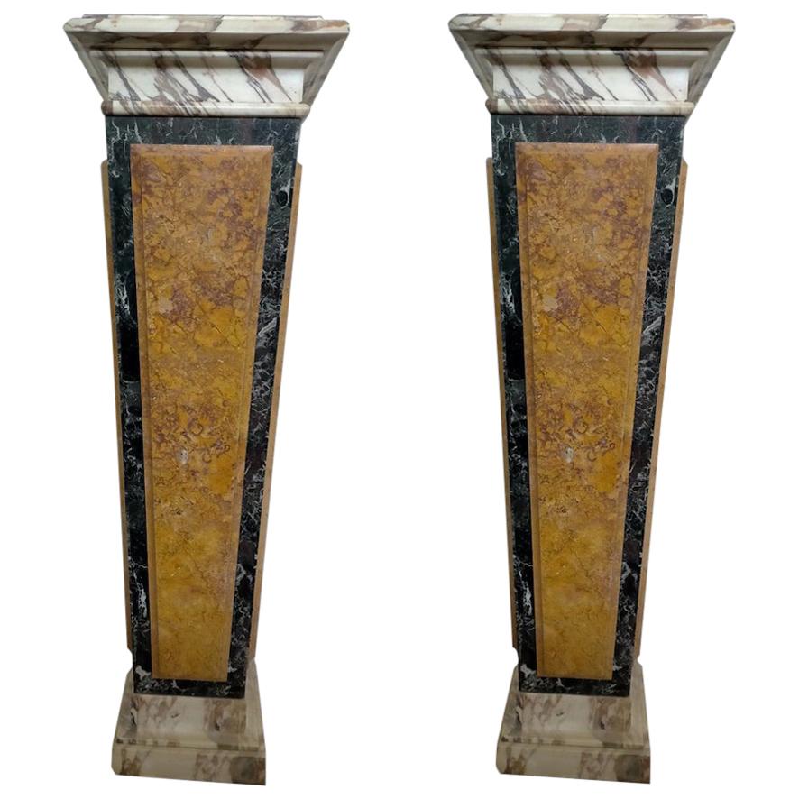 Stunning Pair of Italian Inlaid Marble Bases or Pedestals