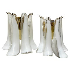 Stunning Pair of Italian Petal Murano Sconces Brass and White Clear Glass