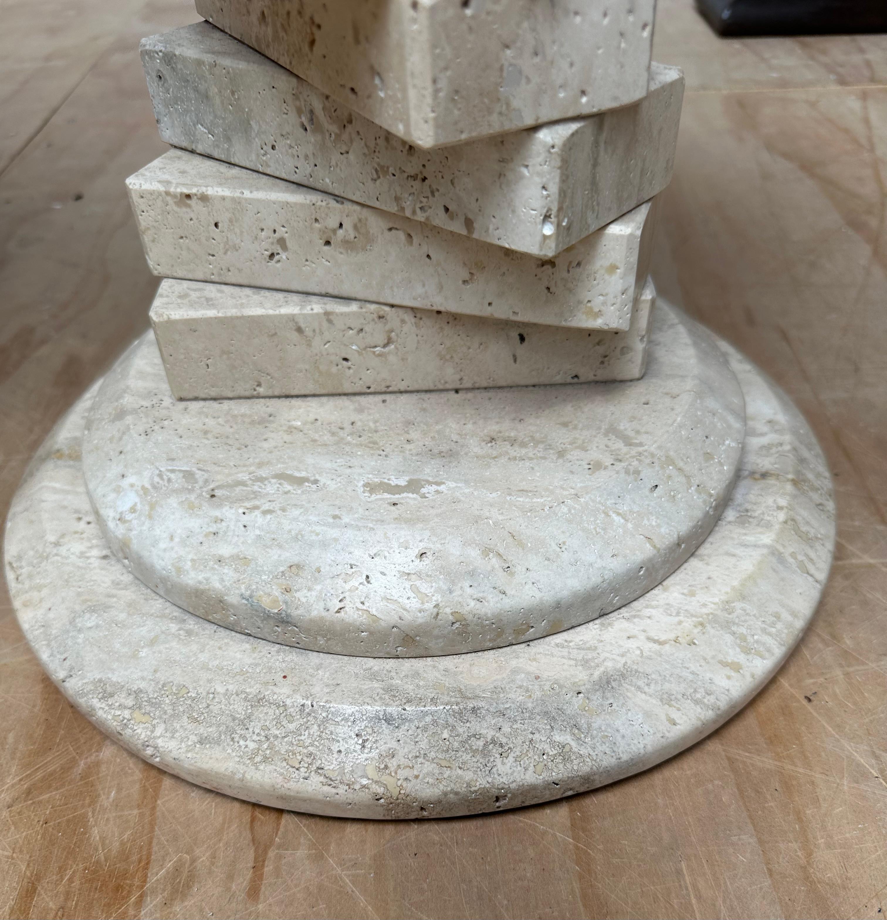 Pair of Italian Travertine Circular End Tables w. Stacked Blocks Design Stand For Sale 4