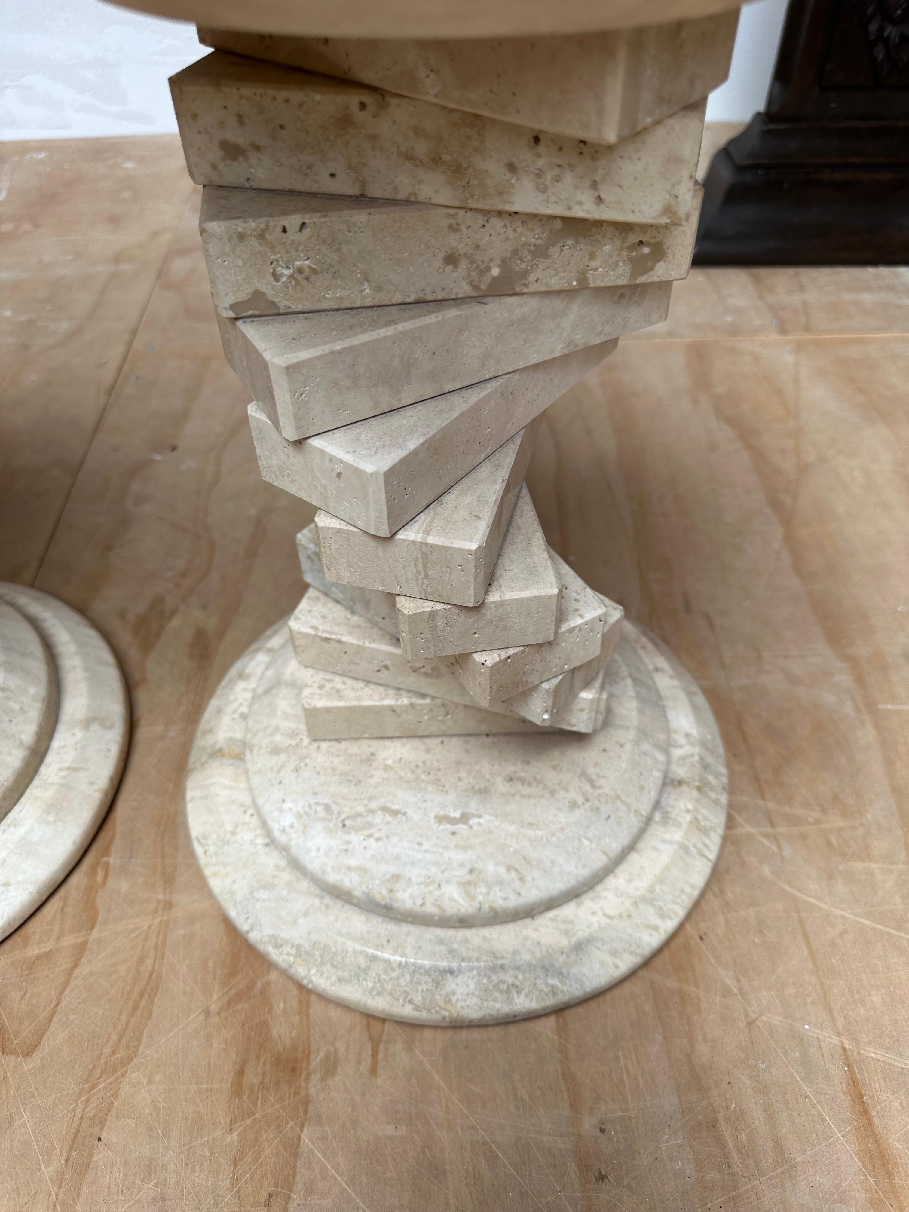 Stunning Pair of Italian Travertine Circular End Tables w. Stacked Blocks Design For Sale 5