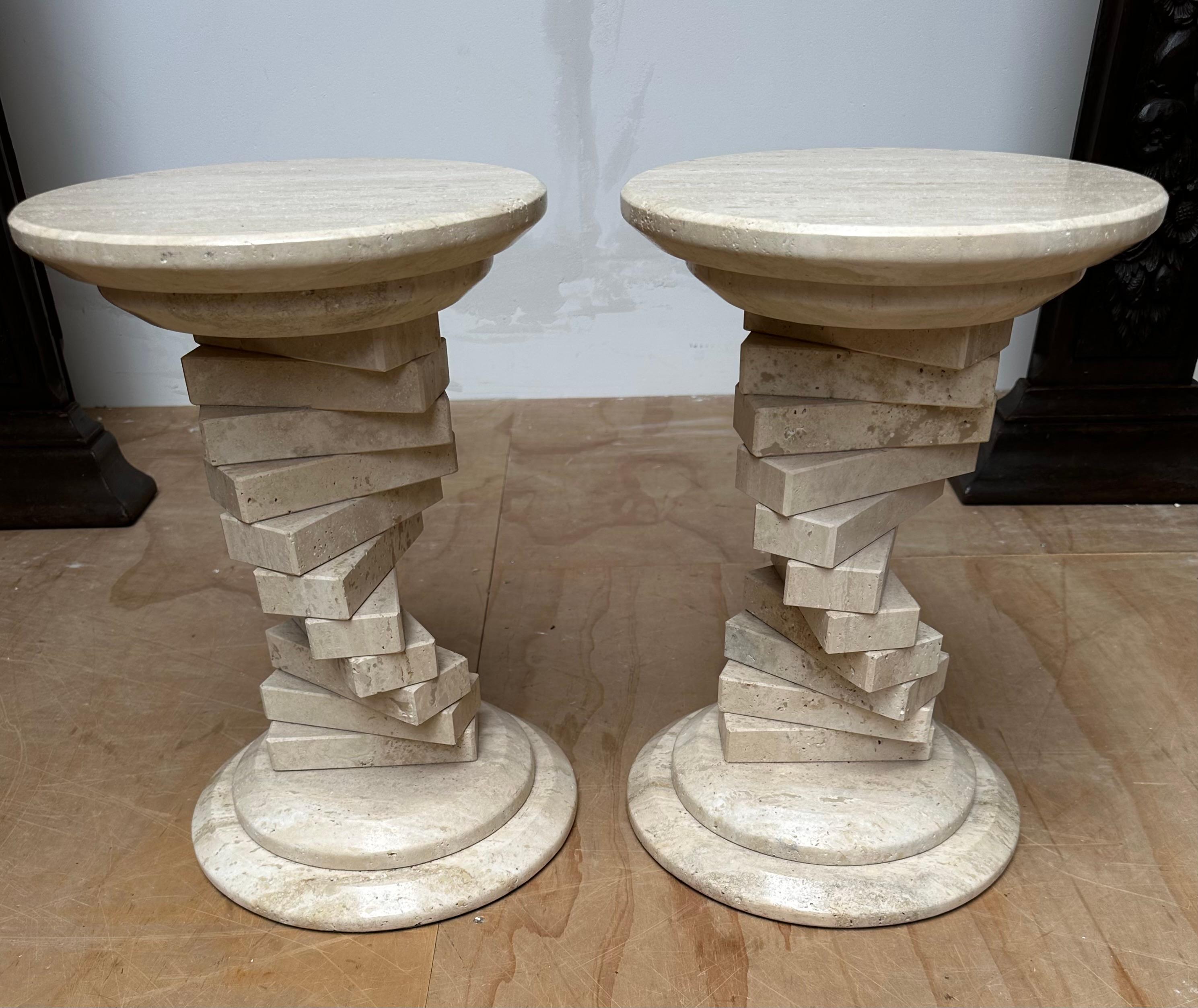 Stunning Pair of Italian Travertine Circular End Tables w. Stacked Blocks Design For Sale 6
