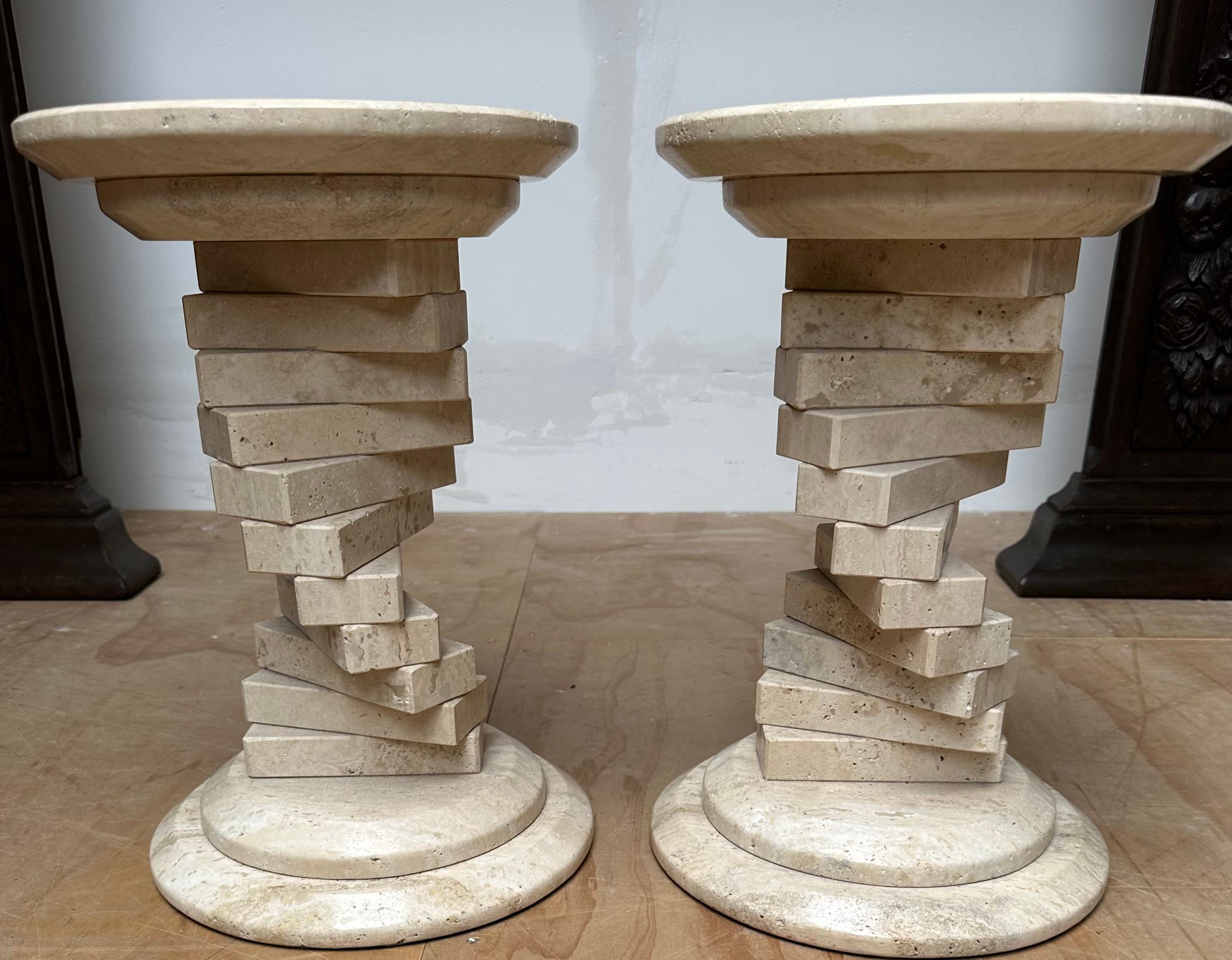 Stunning Pair of Italian Travertine Circular End Tables w. Stacked Blocks Design For Sale 7