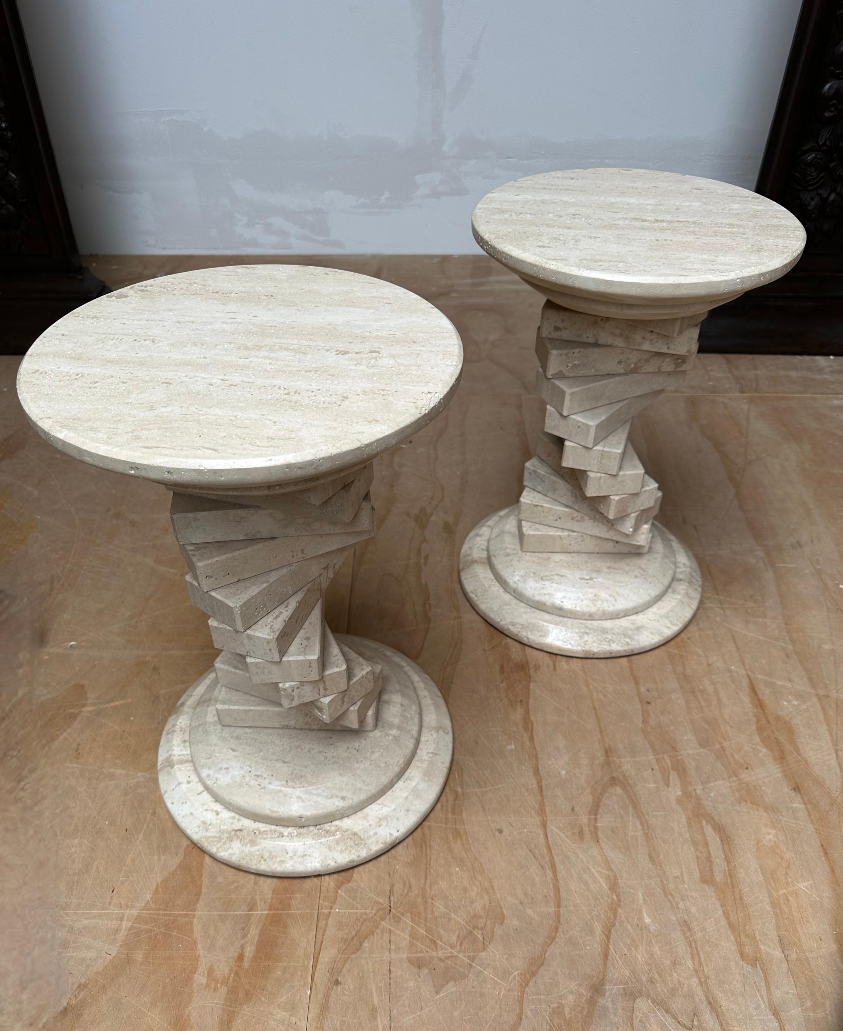 Stunning Pair of Italian Travertine Circular End Tables w. Stacked Blocks Design For Sale 8