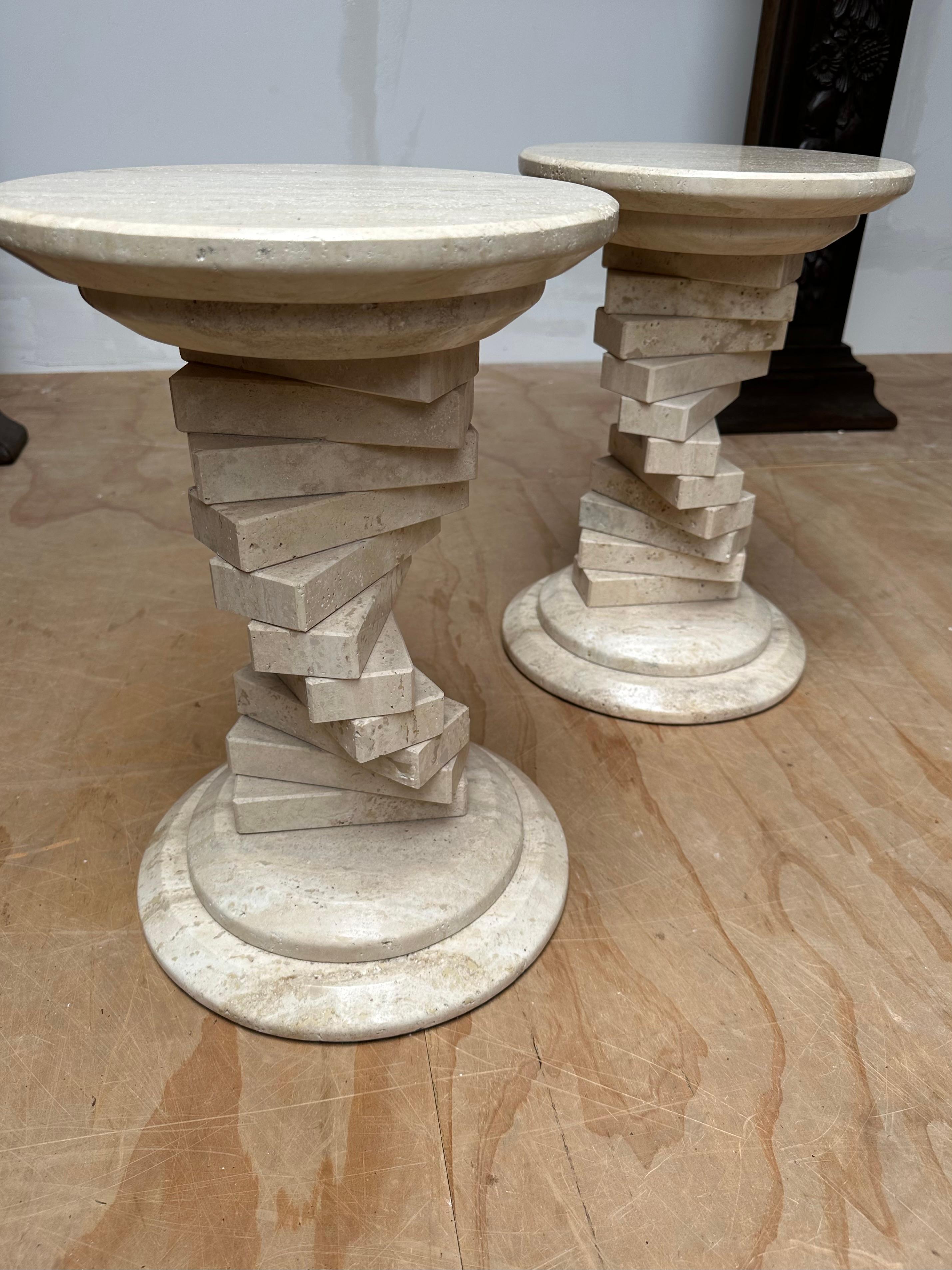 Pair of Italian Travertine Circular End Tables w. Stacked Blocks Design Stand For Sale 9