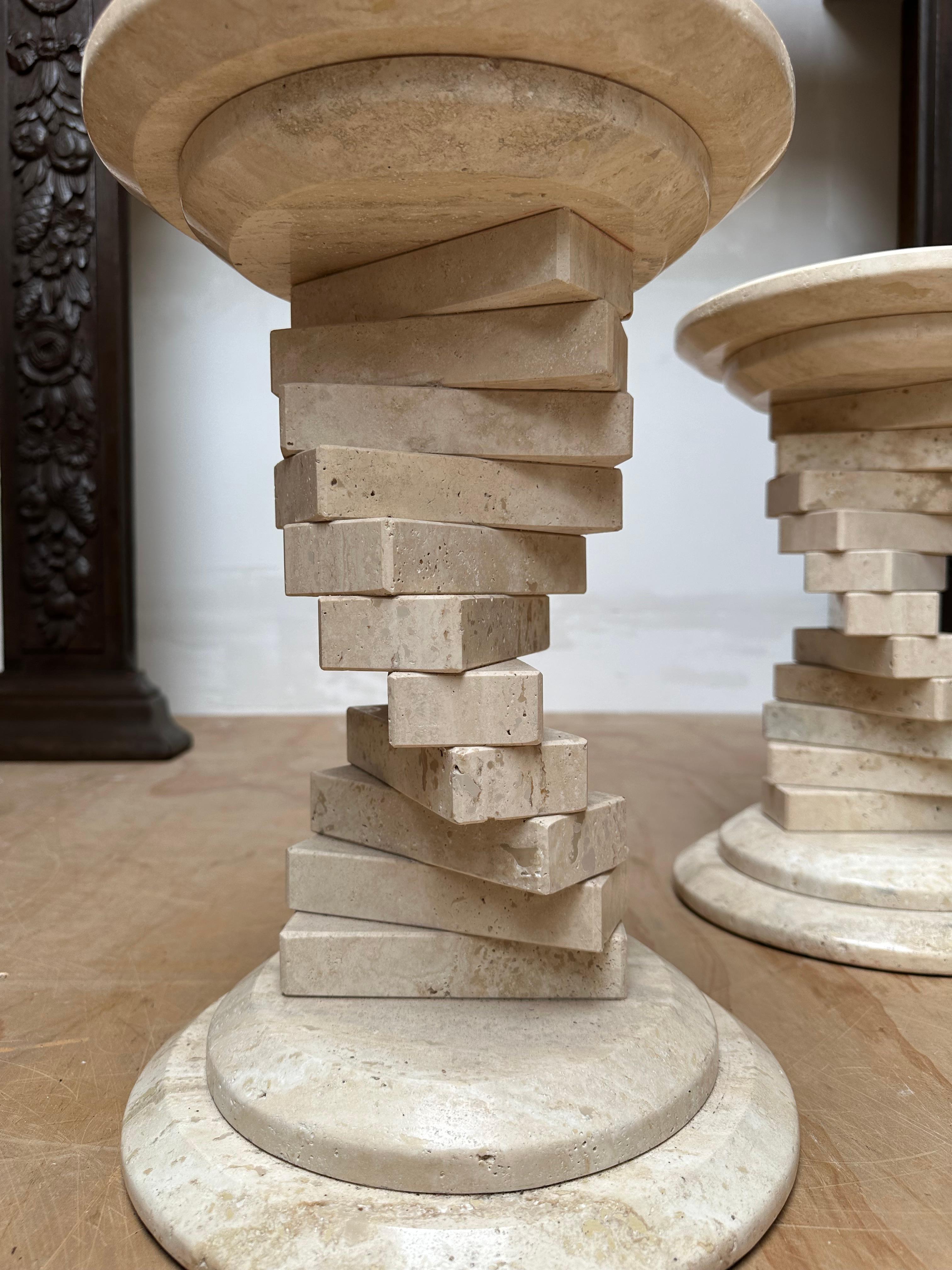 Pair of Italian Travertine Circular End Tables w. Stacked Blocks Design Stand For Sale 10