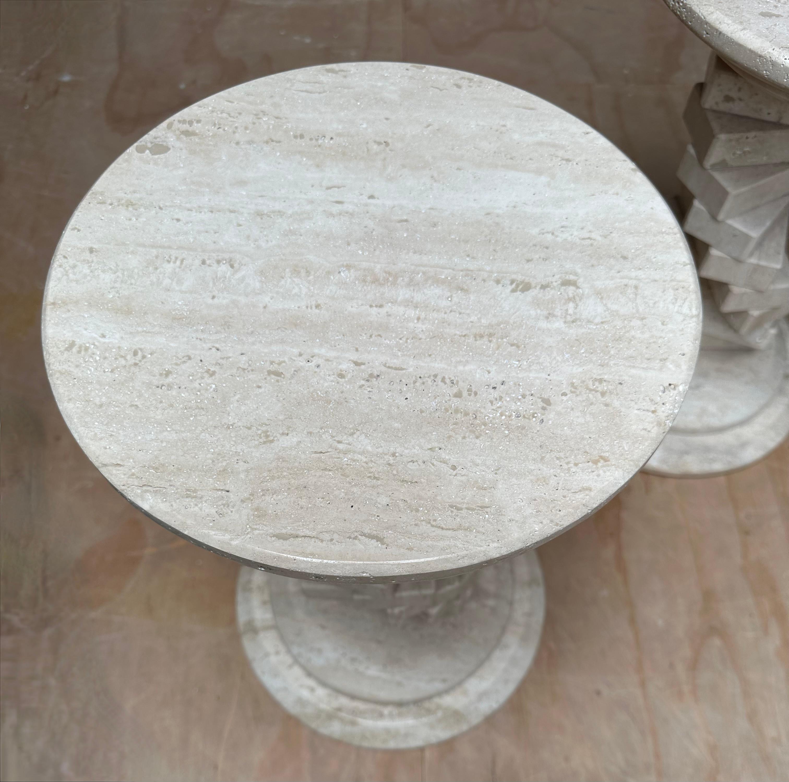 Stunning Pair of Italian Travertine Circular End Tables w. Stacked Blocks Design For Sale 11