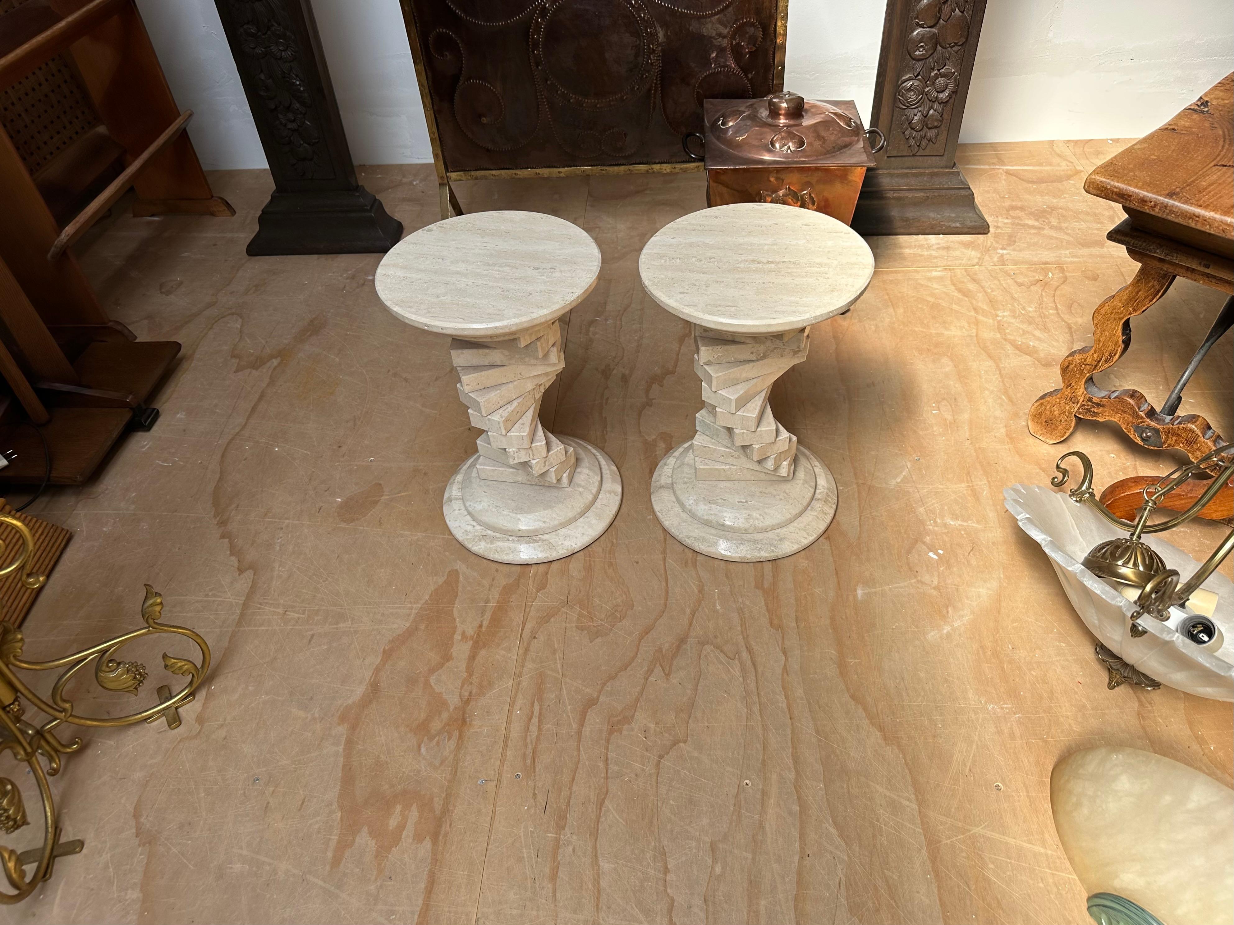 Stunning Pair of Italian Travertine Circular End Tables w. Stacked Blocks Design For Sale 13