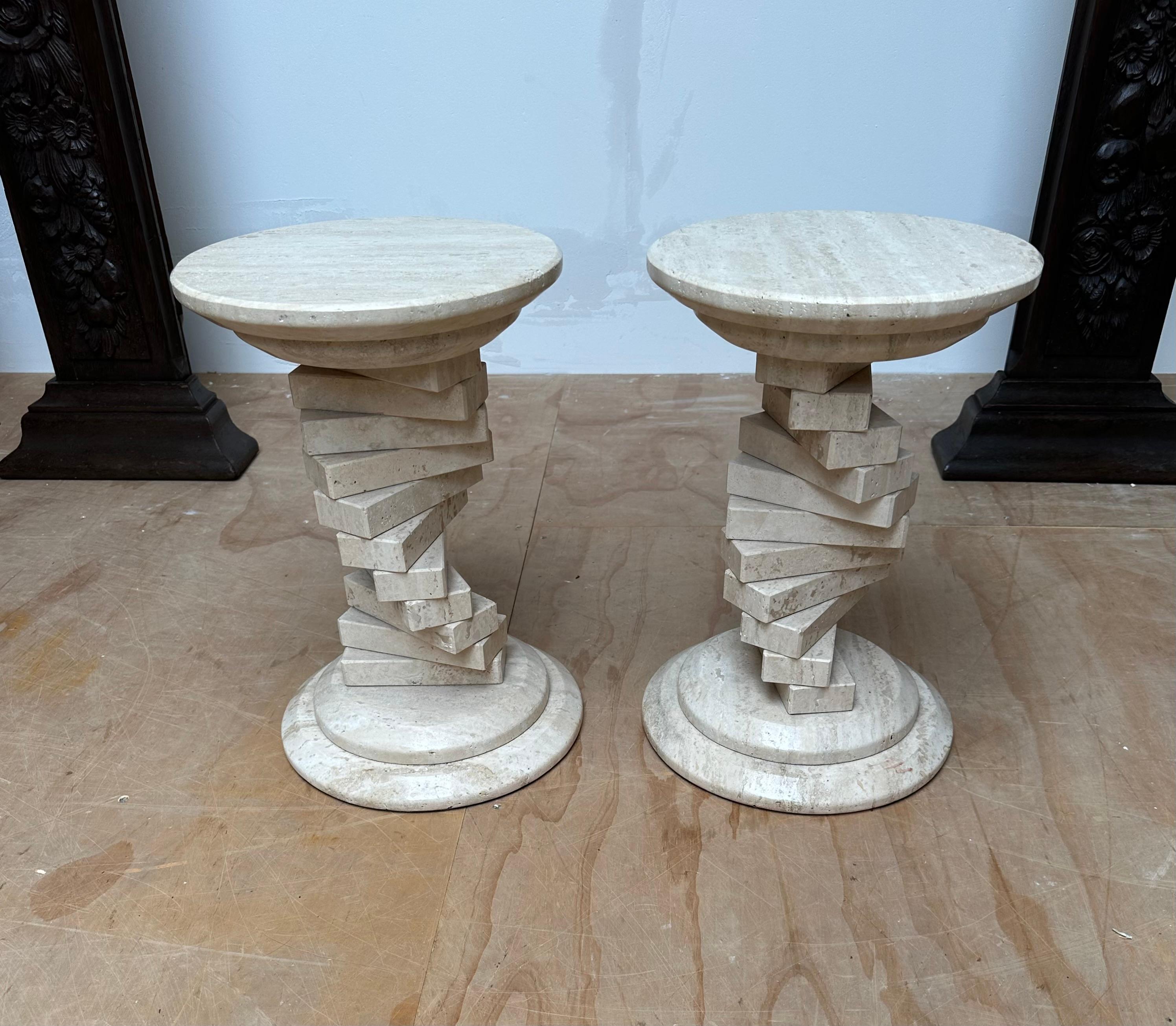 Mid-Century Modern Pair of Italian Travertine Circular End Tables w. Stacked Blocks Design Stand For Sale