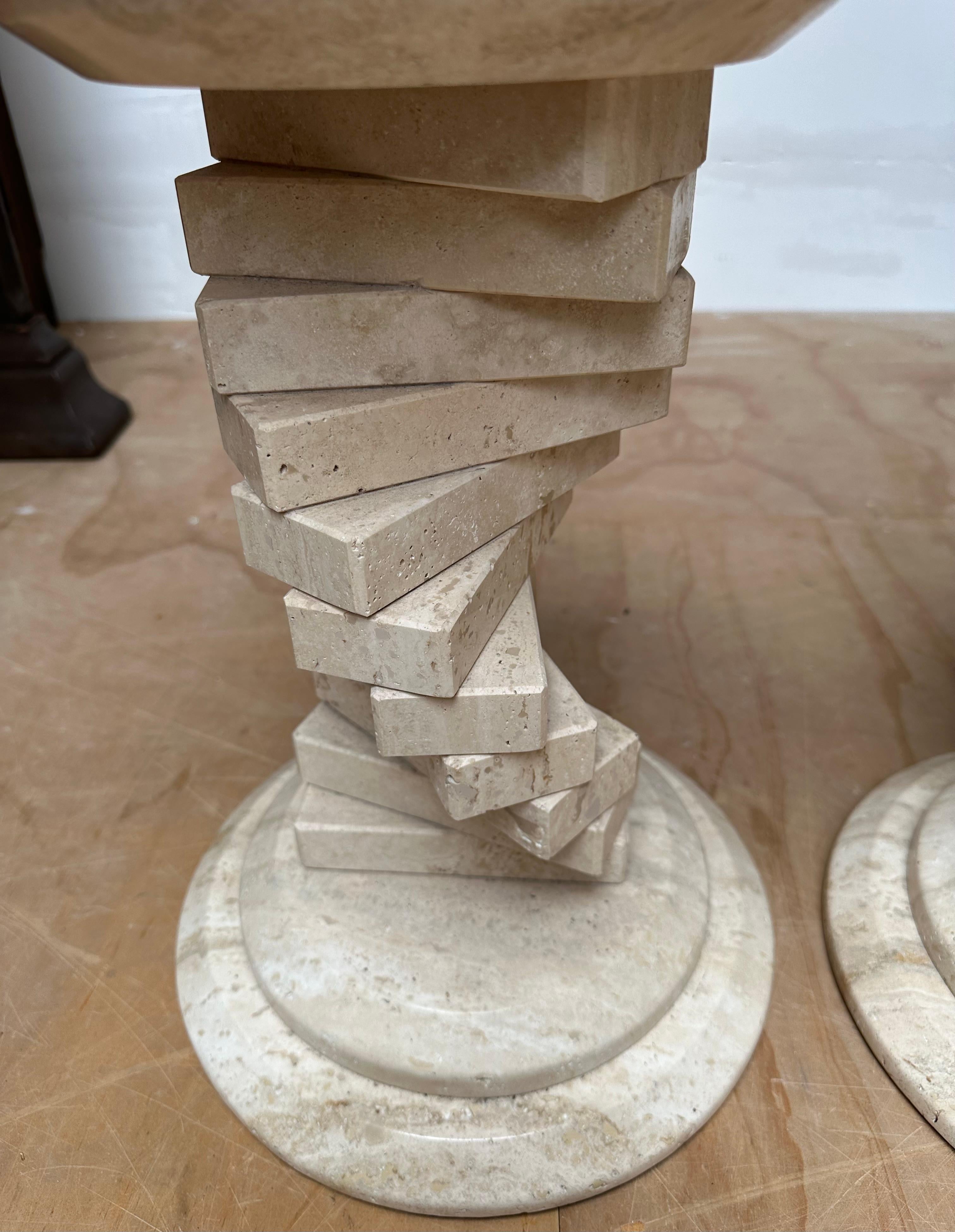 Stunning Pair of Italian Travertine Circular End Tables w. Stacked Blocks Design For Sale 12