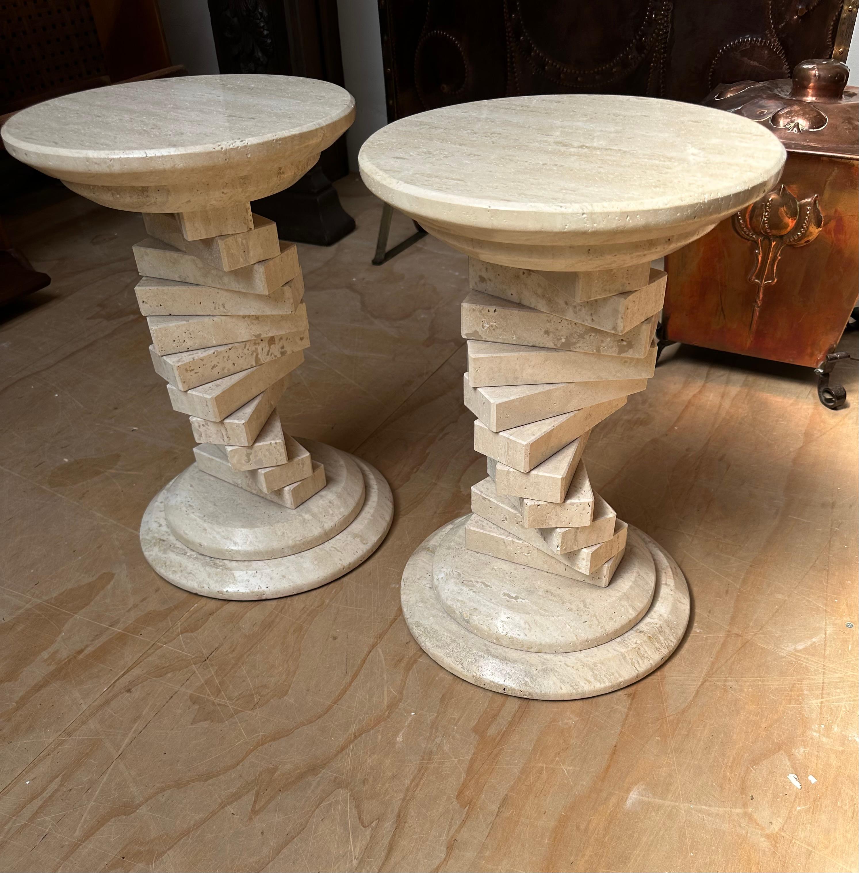 Pair of Italian Travertine Circular End Tables w. Stacked Blocks Design Stand For Sale 14