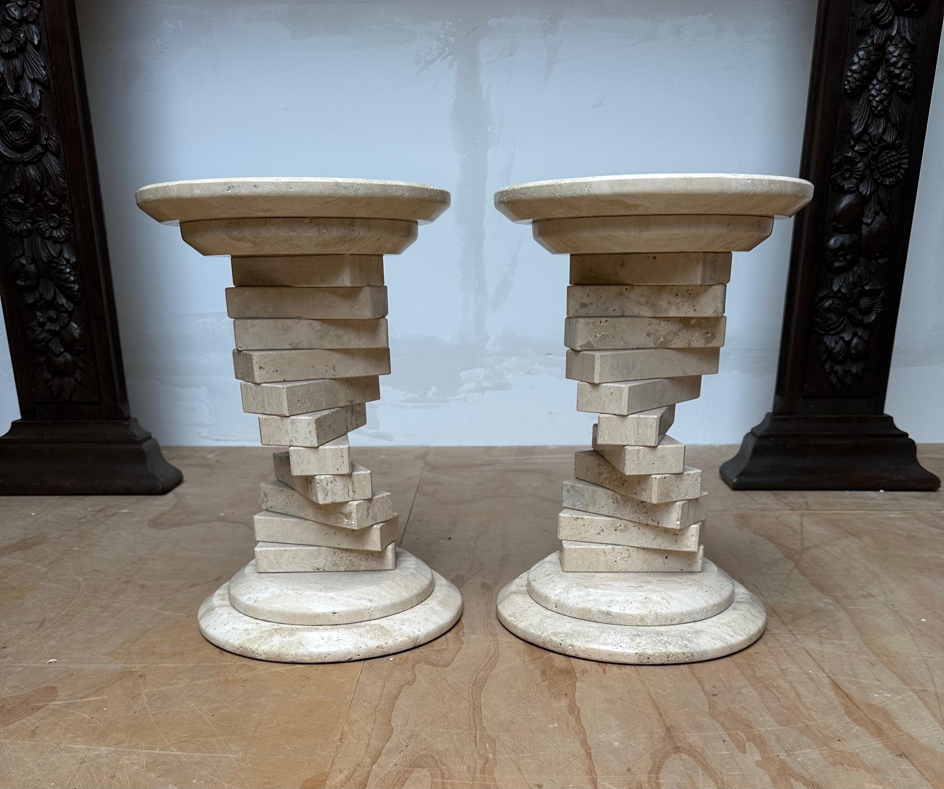 Mid-Century Modern Stunning Pair of Italian Travertine Circular End Tables w. Stacked Blocks Design For Sale