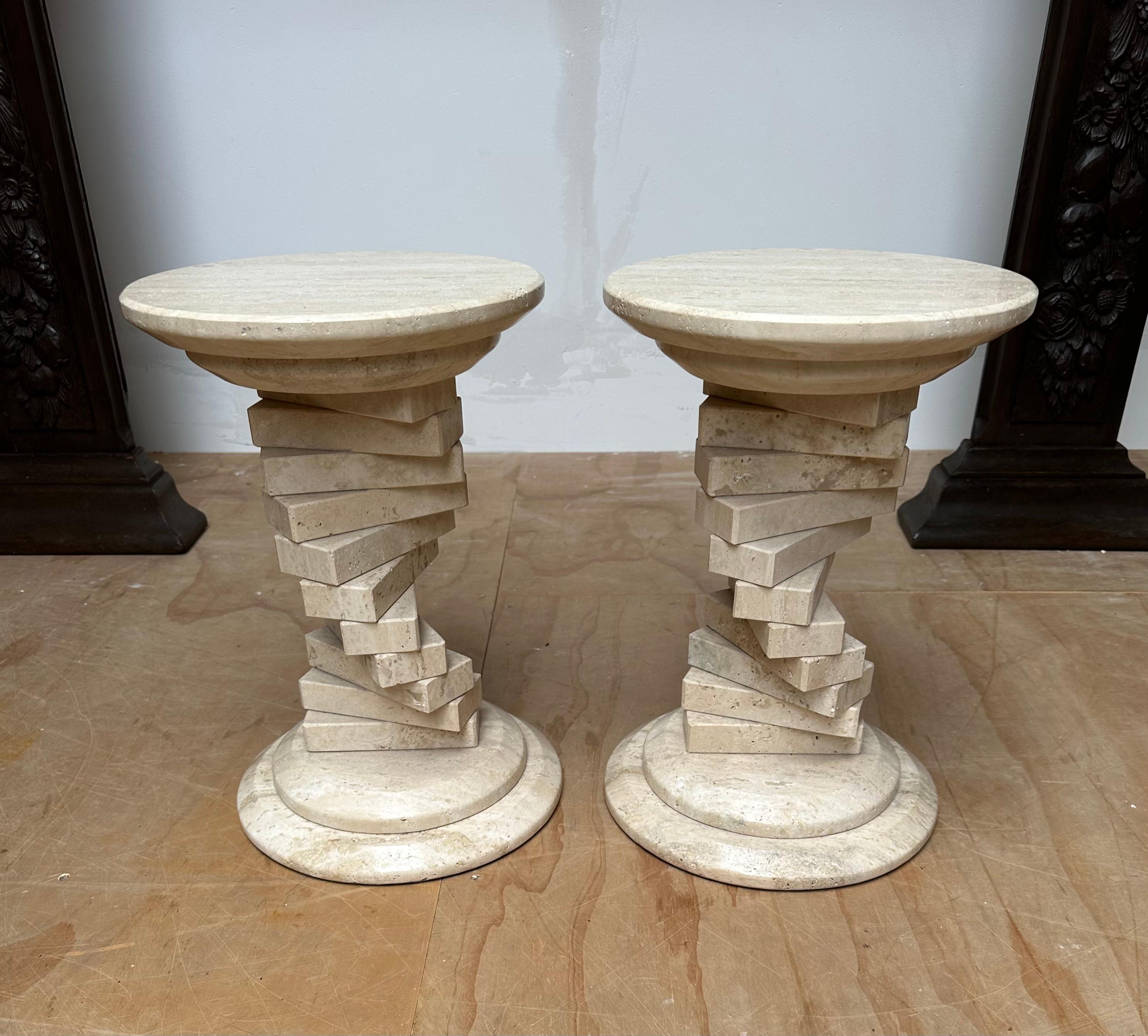 Hand-Crafted Pair of Italian Travertine Circular End Tables w. Stacked Blocks Design Stand For Sale