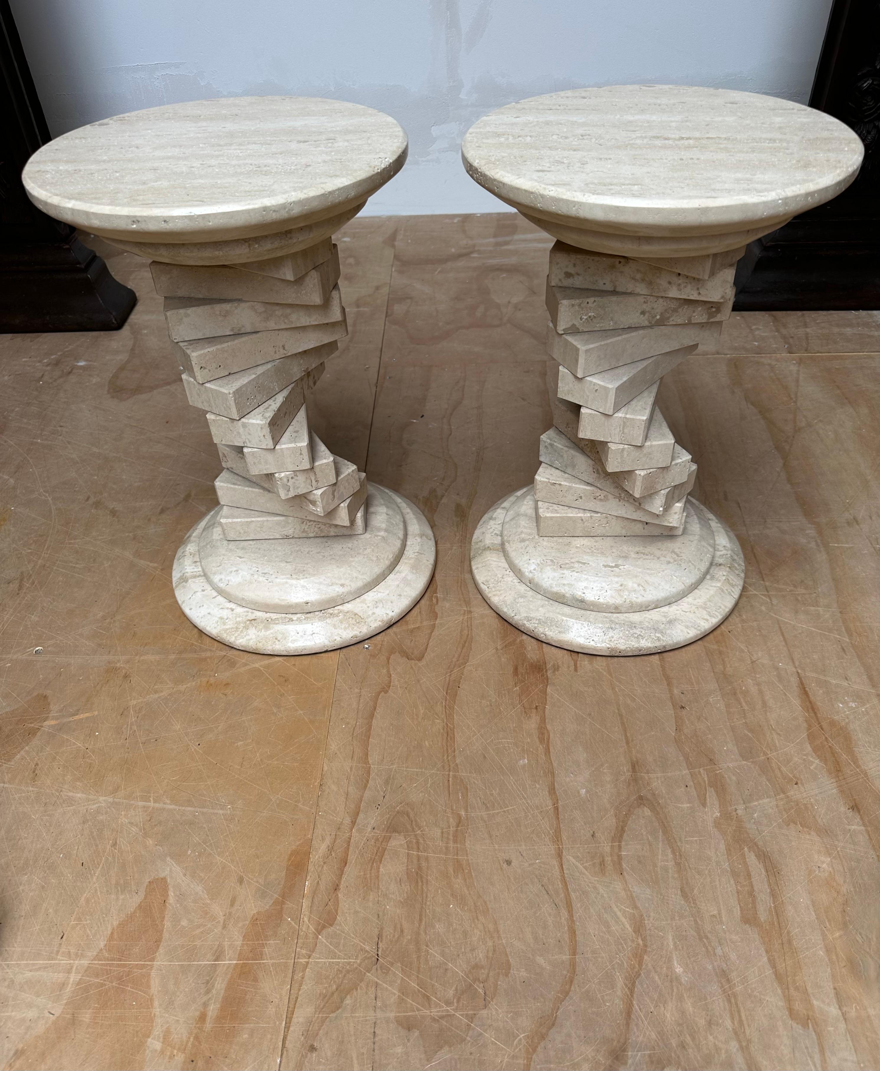 20th Century Pair of Italian Travertine Circular End Tables w. Stacked Blocks Design Stand For Sale