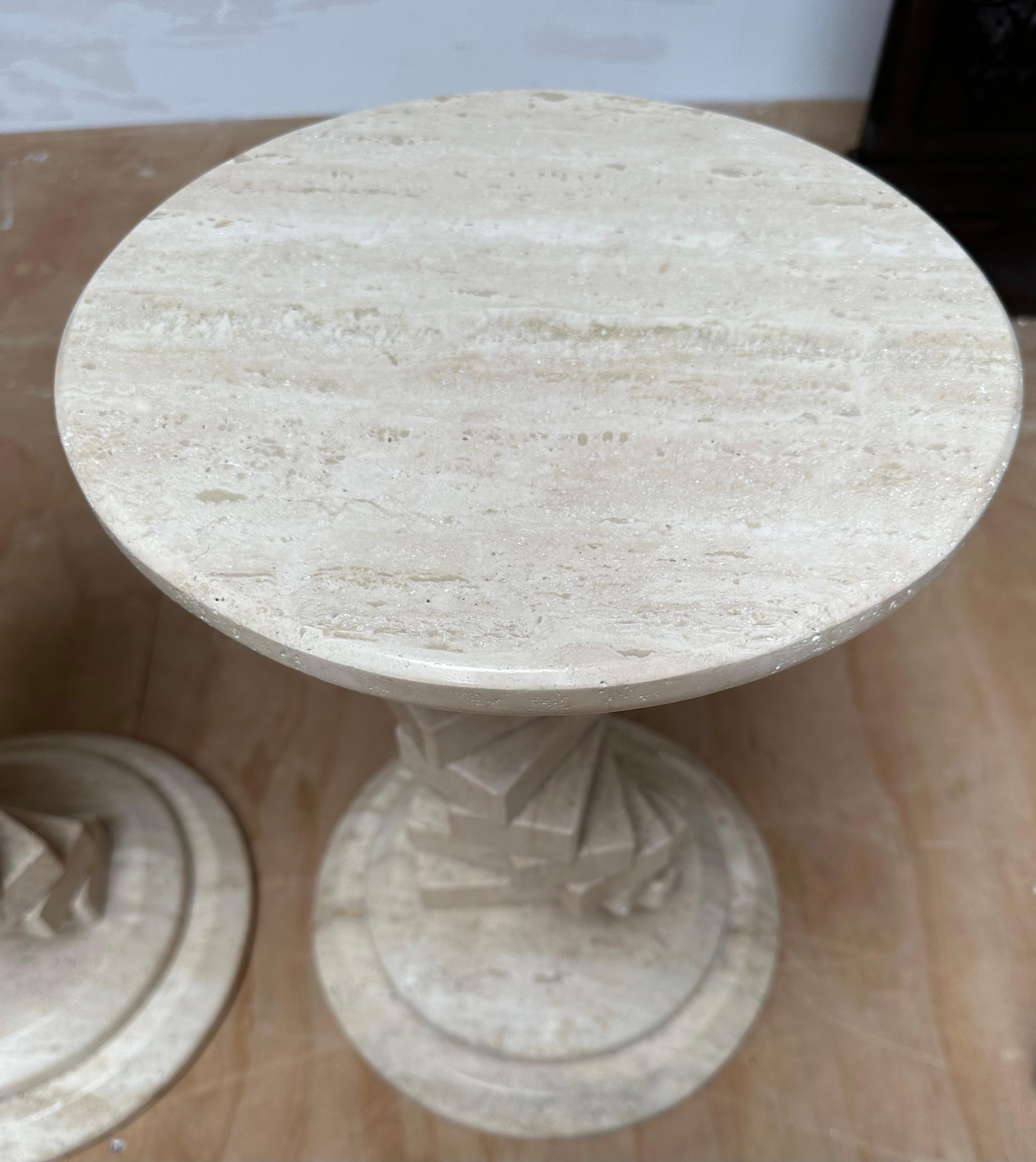Stunning Pair of Italian Travertine Circular End Tables w. Stacked Blocks Design For Sale 1