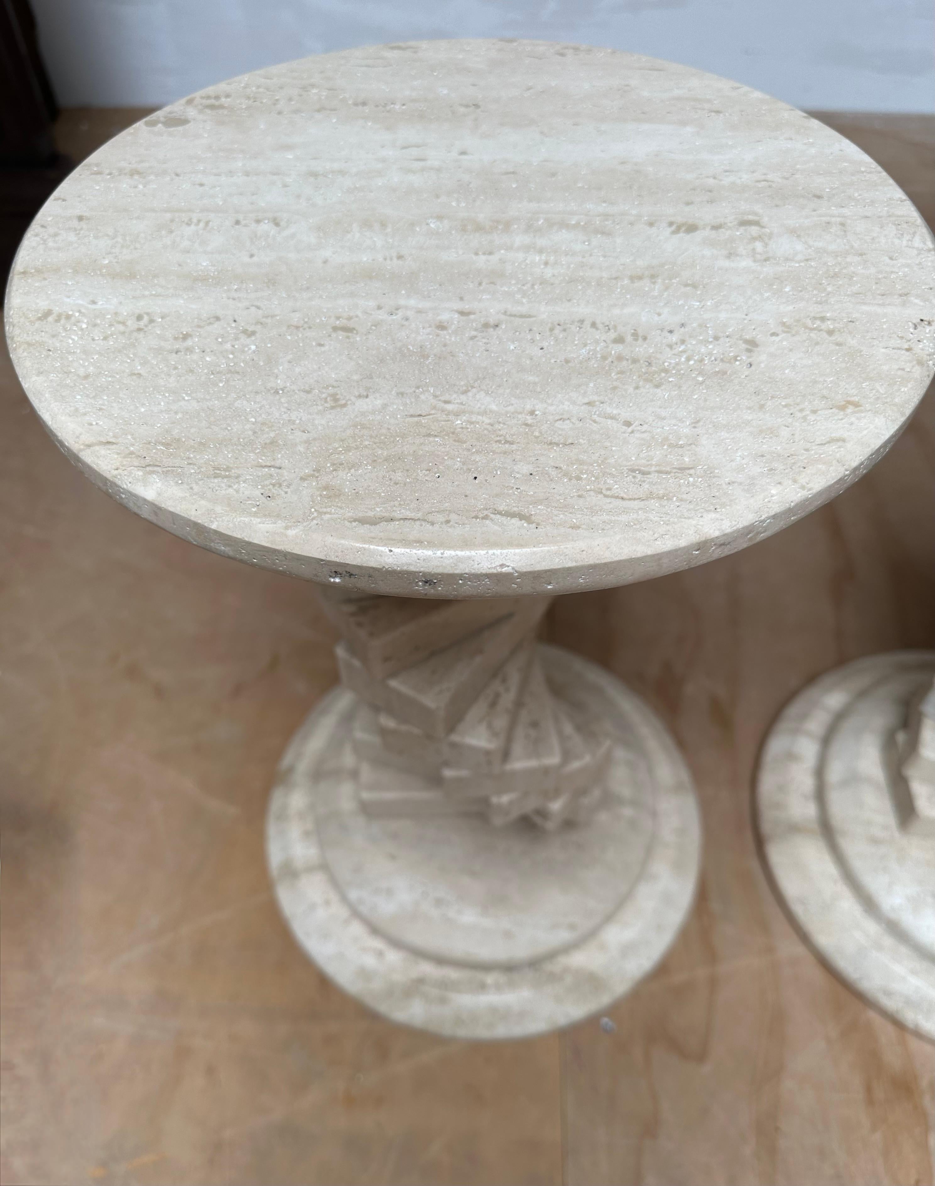 Pair of Italian Travertine Circular End Tables w. Stacked Blocks Design Stand For Sale 2