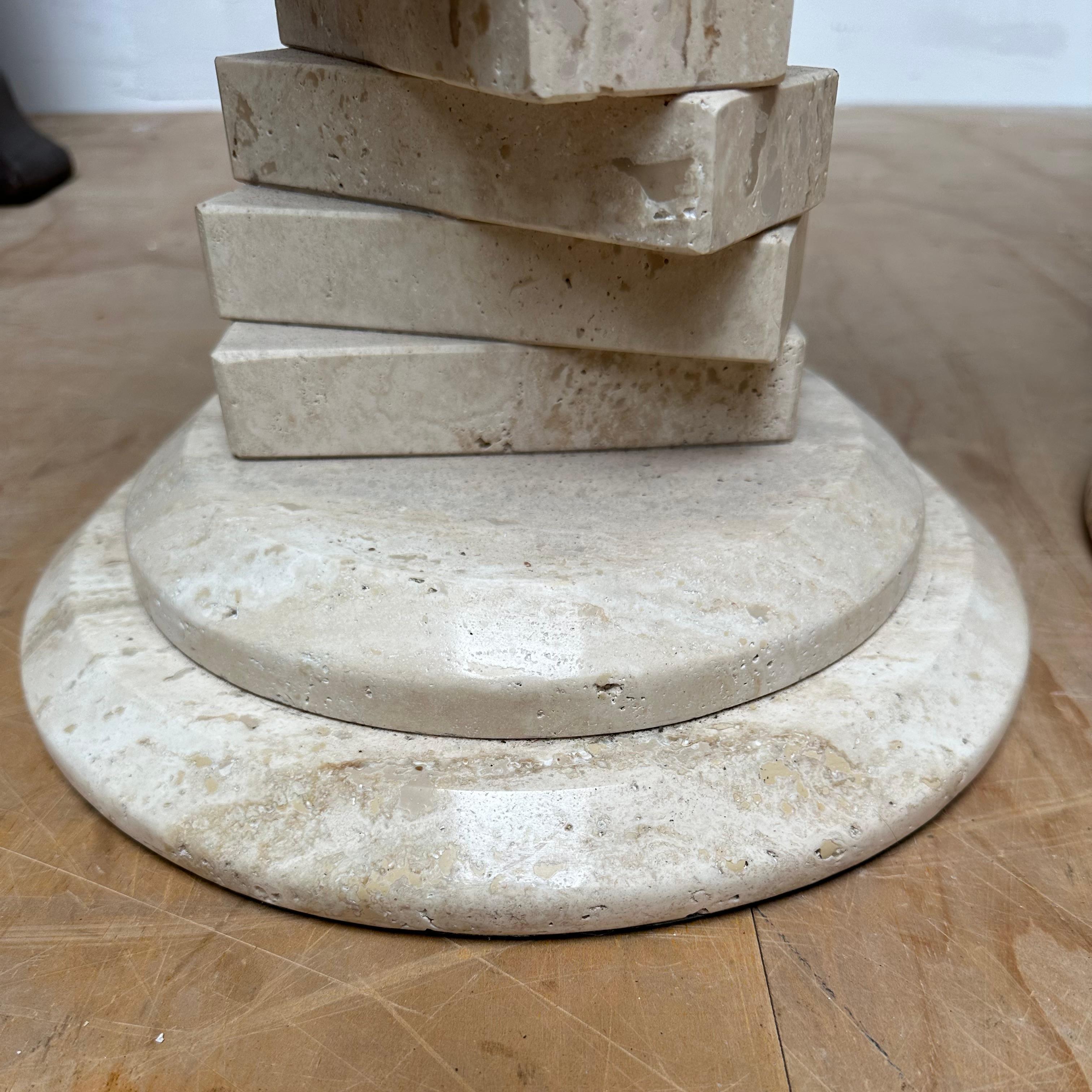 Stunning Pair of Italian Travertine Circular End Tables w. Stacked Blocks Design For Sale 3