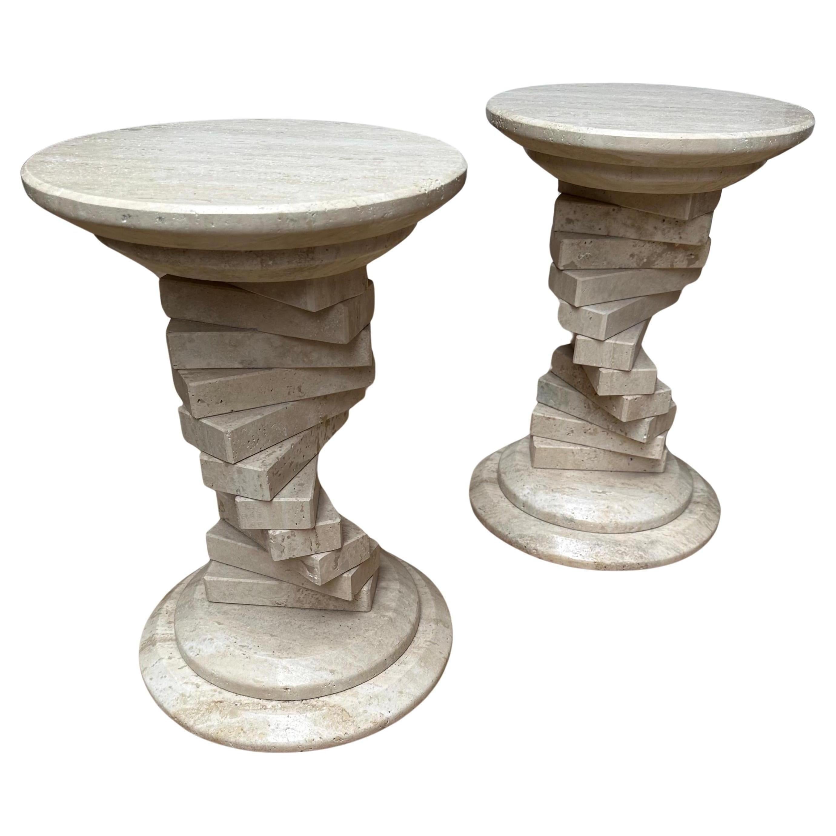 Stunning Pair of Italian Travertine Circular End Tables w. Stacked Blocks Design For Sale