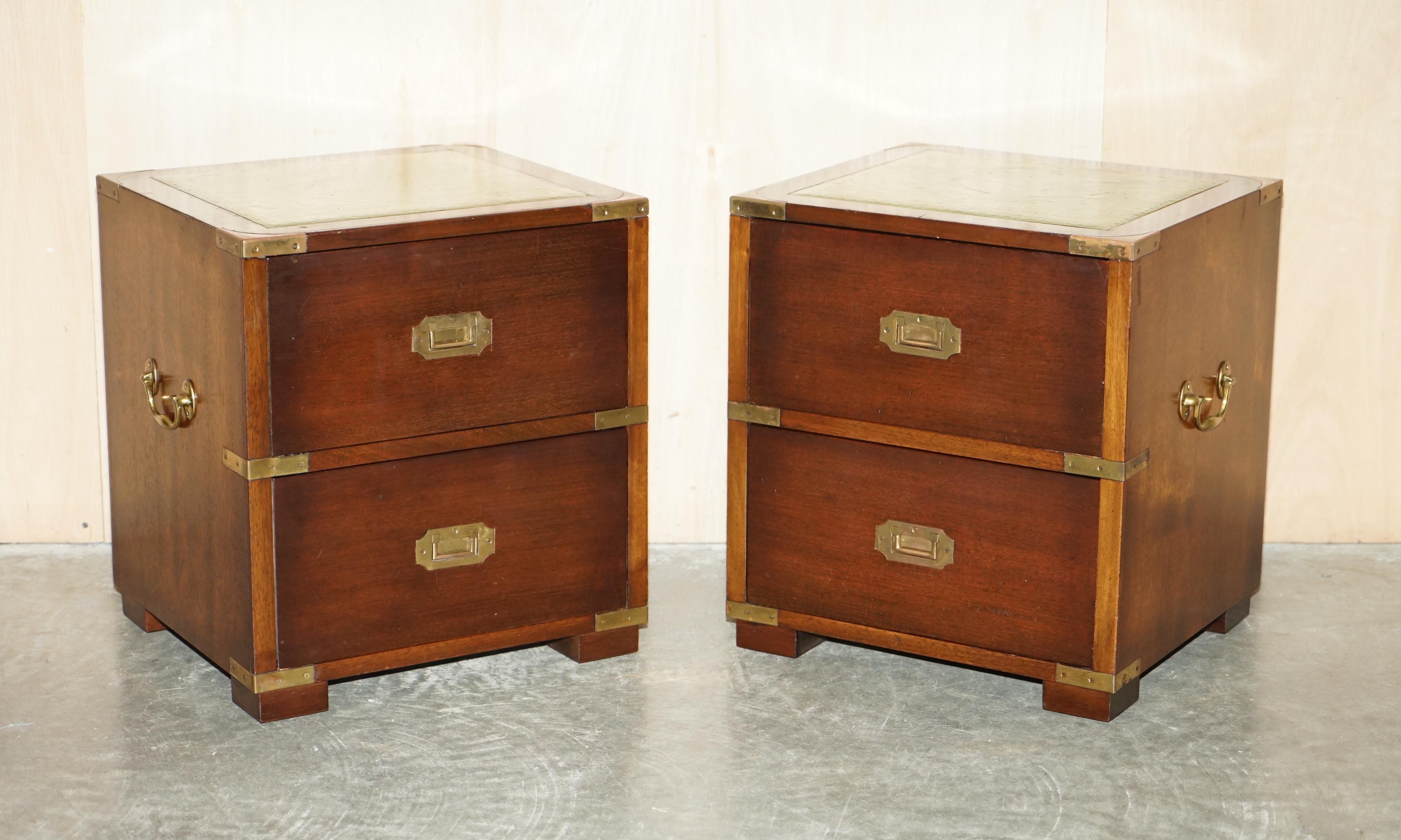 We are delighted to offer for sale this sublime pair of vintage Harrods Kennedy Military Campaign side tables with drawers and green leather tops.

A truly stunning and well made pair by Kennedy Furniture and retailed through Harrods London. They