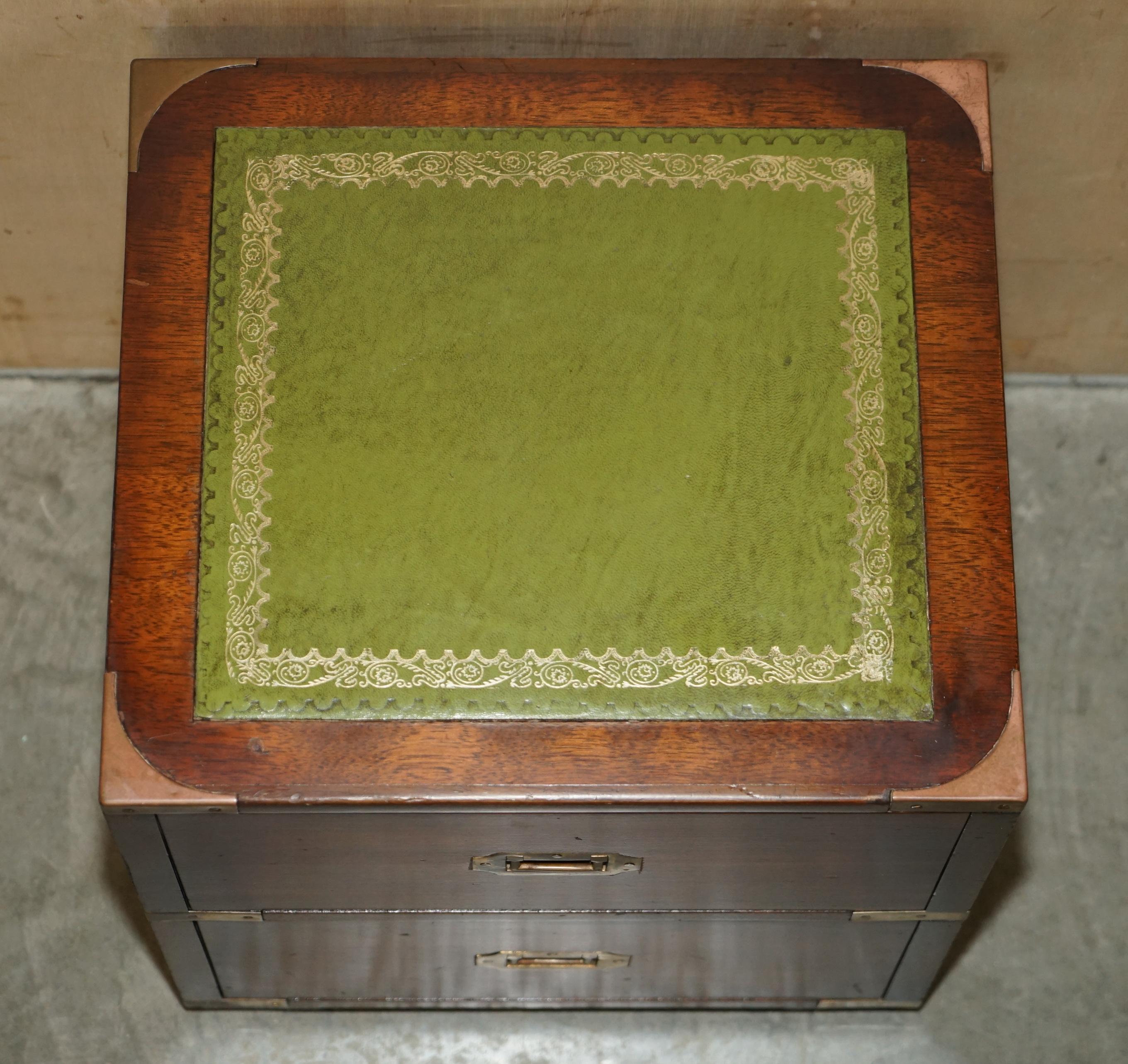 Stunning Pair of Kennedy Military Campaign Side End Table Drawers Green Leather 2