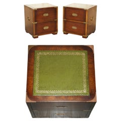 Stunning Pair of Kennedy Military Campaign Side End Table Drawers Green Leather