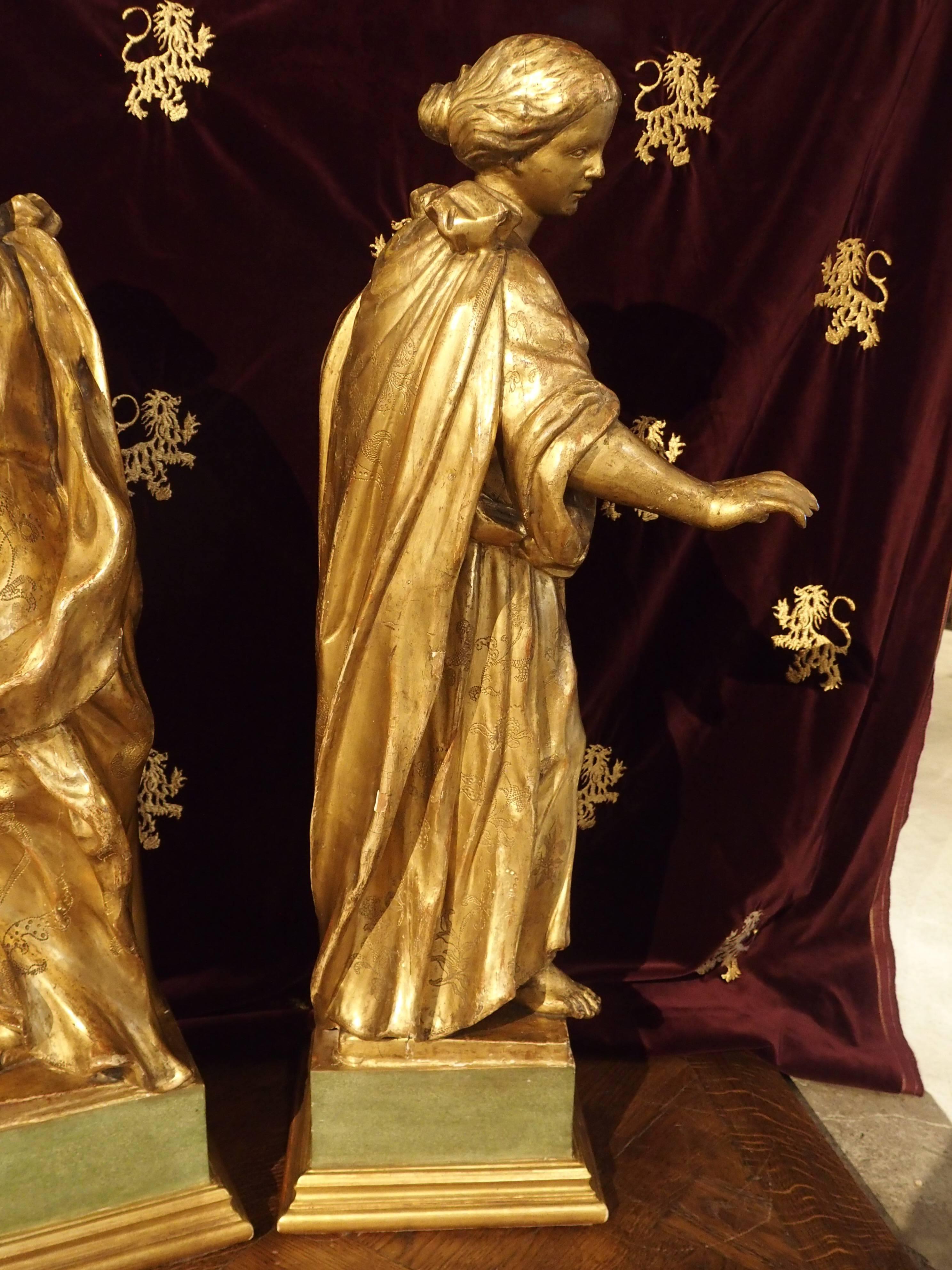 Italian Stunning Pair of Large Antique Carved Giltwood Statues, circa 1860