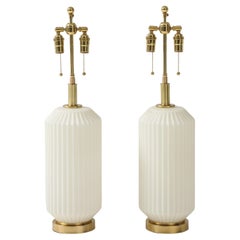 Stunning Pair of Large Italian Opaline Ribbed Glass Lamps.