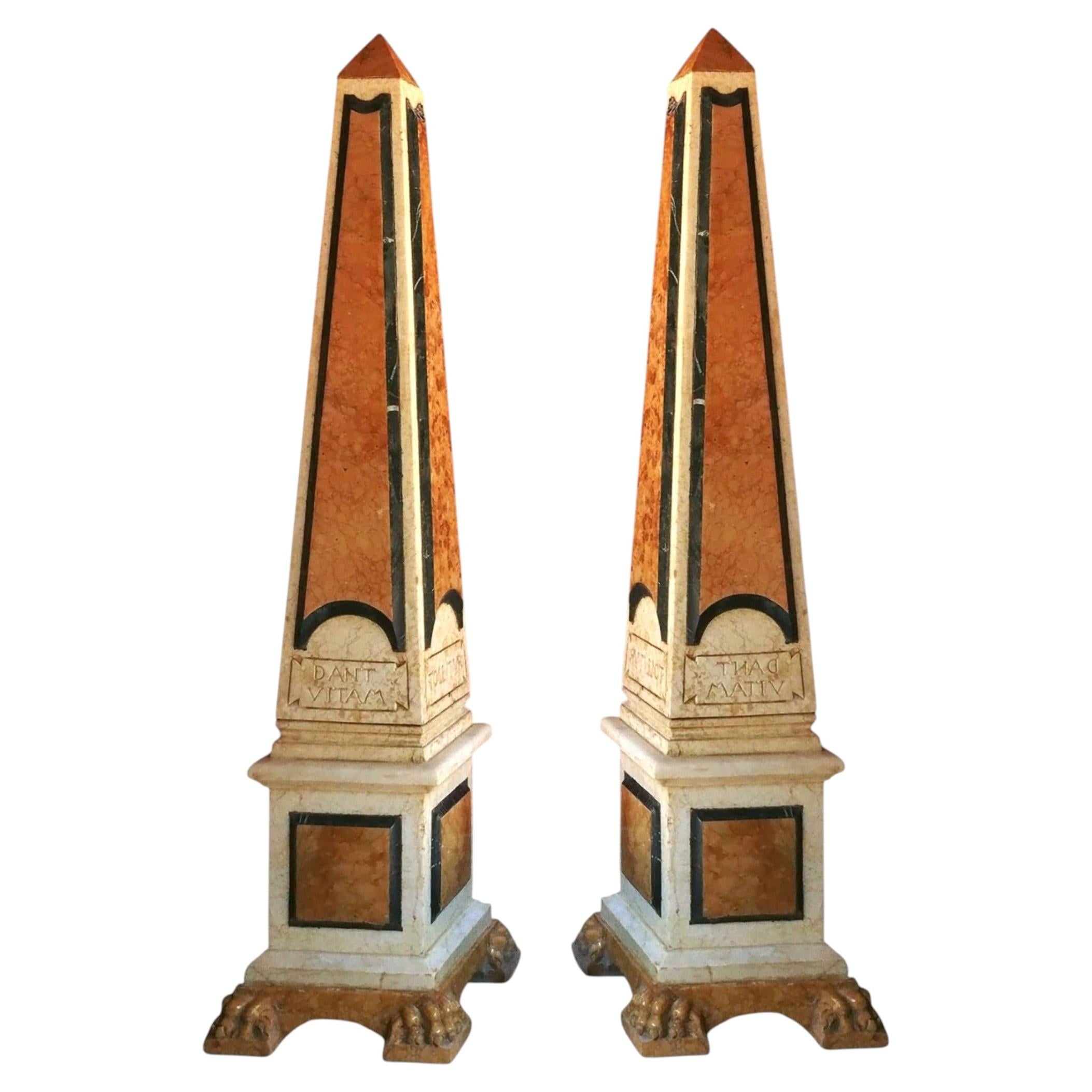 Stunning Pair of Large Polychrome Marble Obelisks with various Inlays, H:215 cm