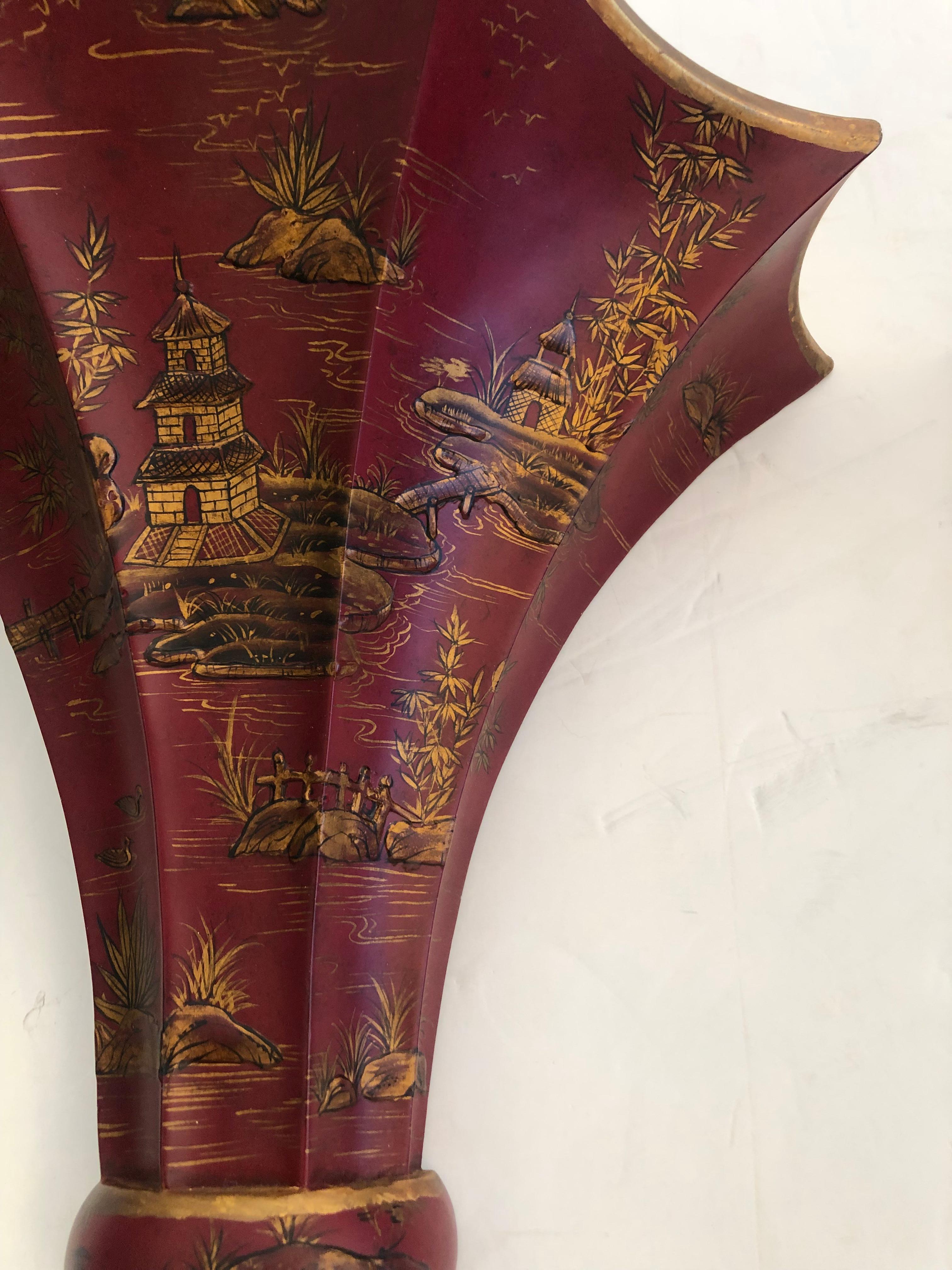 Late 20th Century Stunning Pair of Large Red & Gold Chinoiserie Fluted Wall Sconces For Sale
