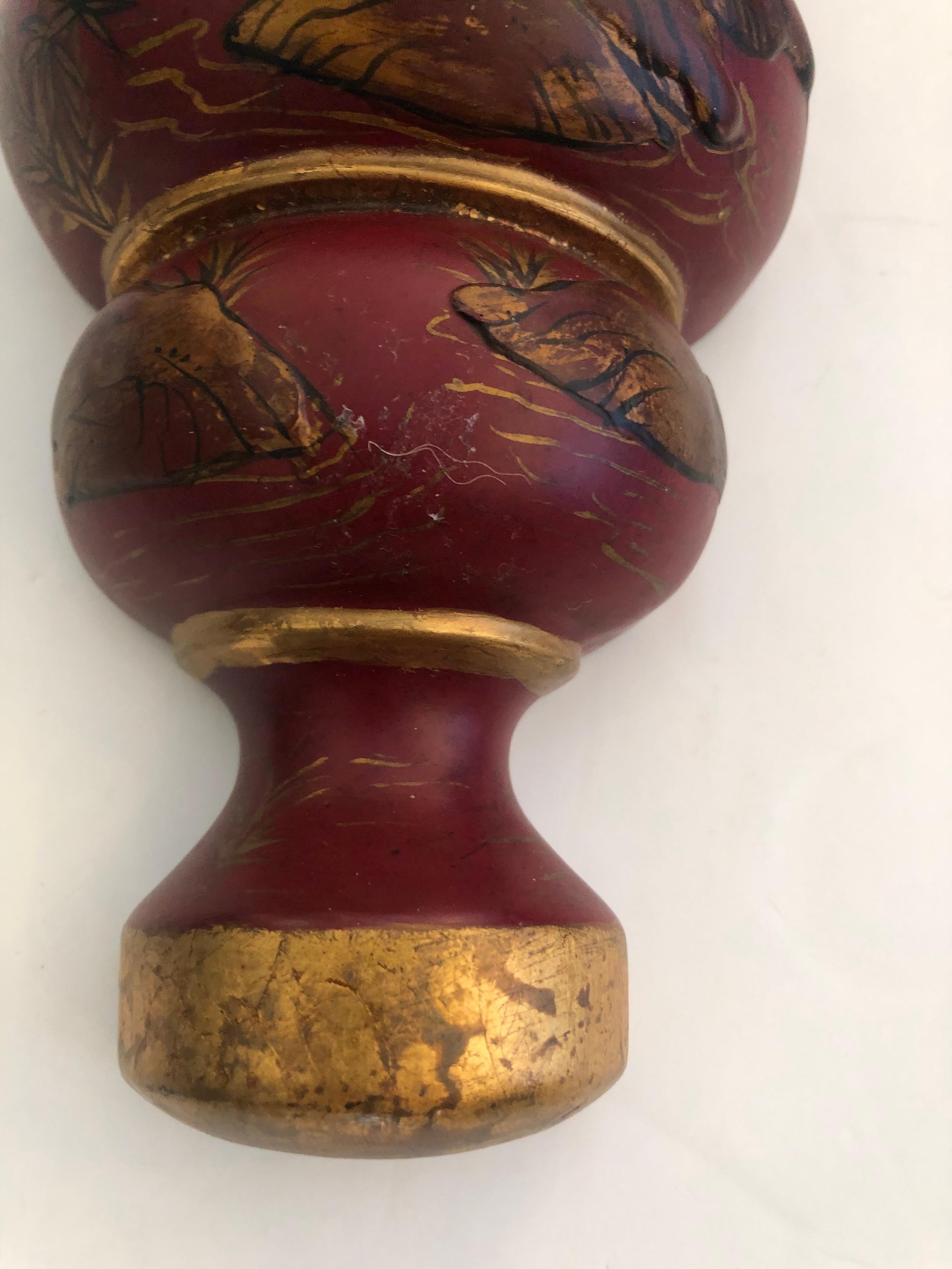 Wood Stunning Pair of Large Red & Gold Chinoiserie Fluted Wall Sconces For Sale