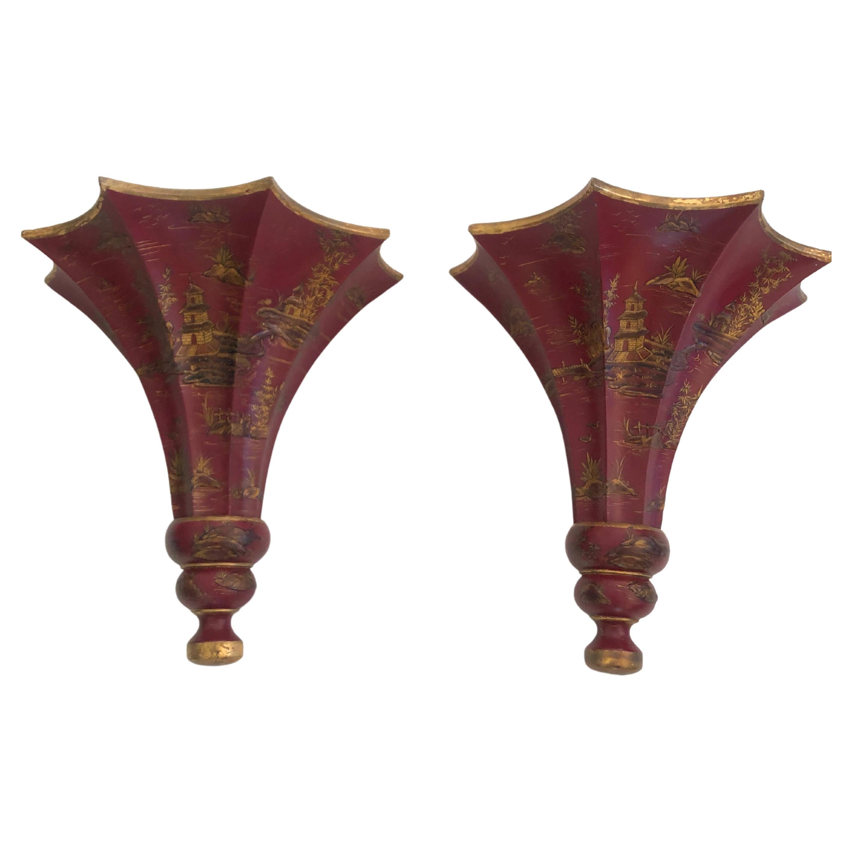 Stunning Pair of Large Red & Gold Chinoiserie Fluted Wall Sconces For Sale