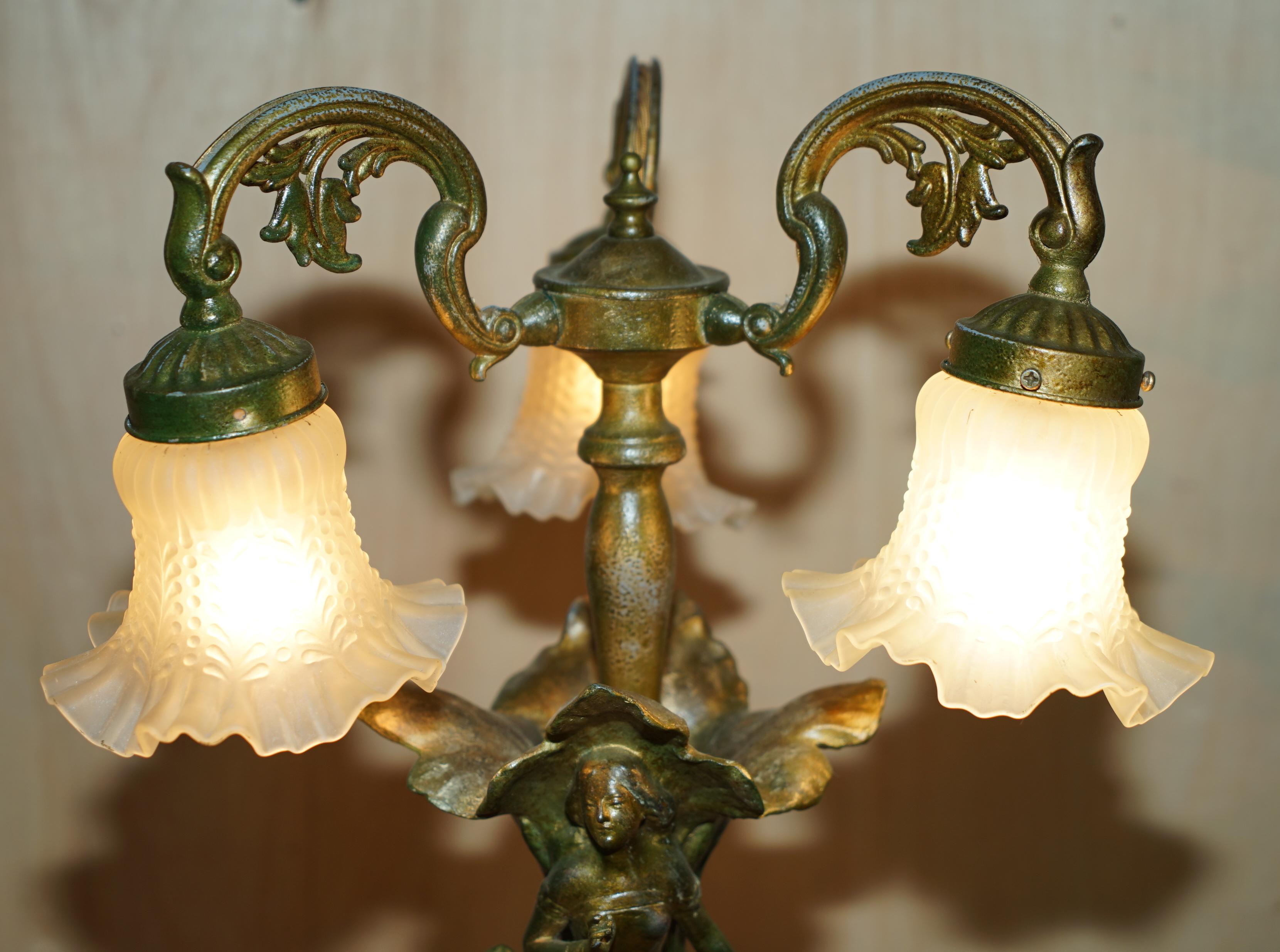 STUNNING PAIR OF LARGE ViNTAGE ART NOUVEAU BRONZED THREE BRANCH TABLE LAMPS For Sale 12