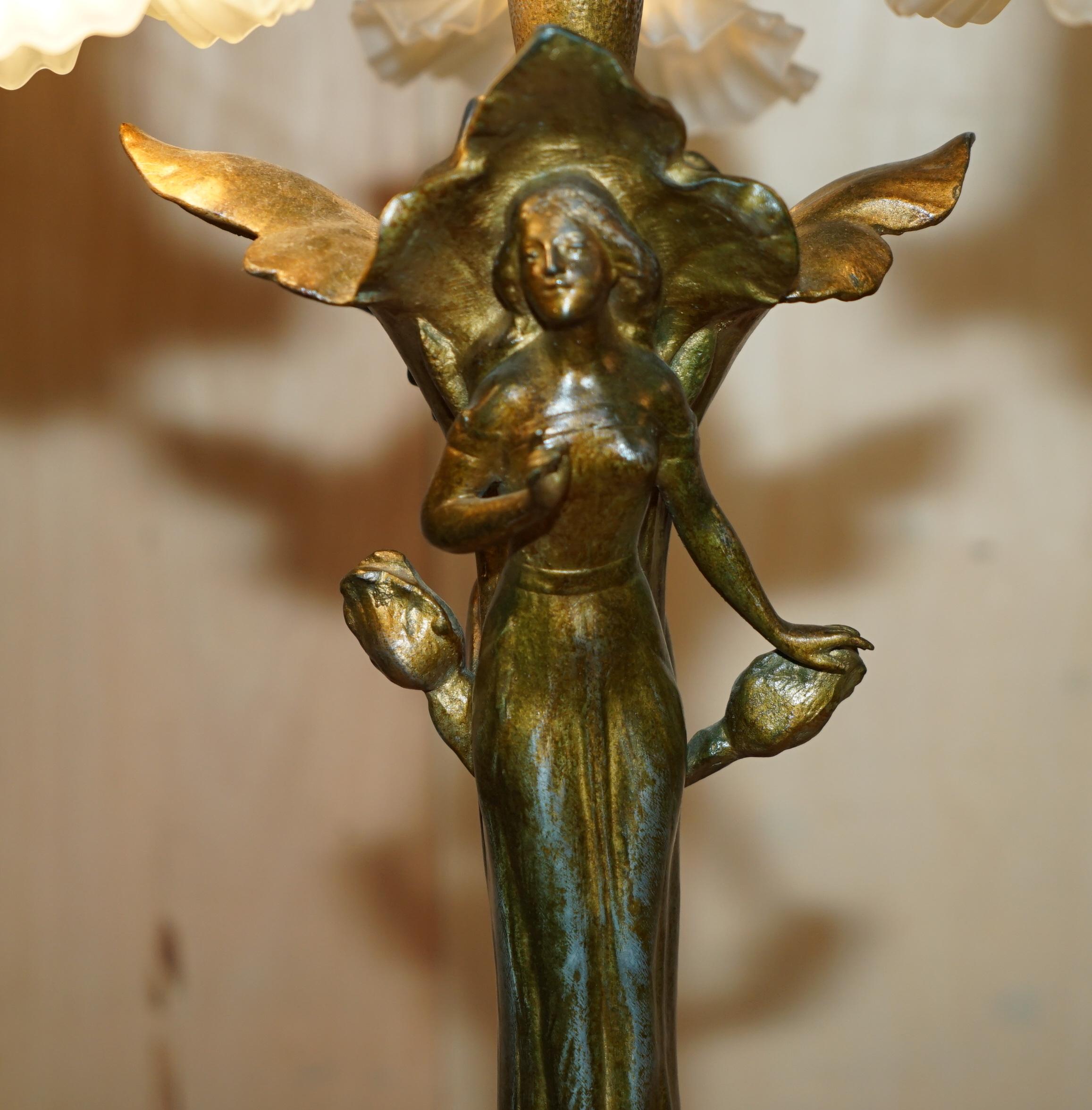 French STUNNING PAIR OF LARGE ViNTAGE ART NOUVEAU BRONZED THREE BRANCH TABLE LAMPS For Sale