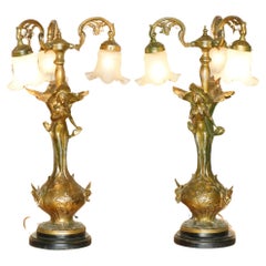 STUNNING PAIR OF LARGE Antique ART NOUVEAU BRONZED THREE BRANCH TABLE LAMPS