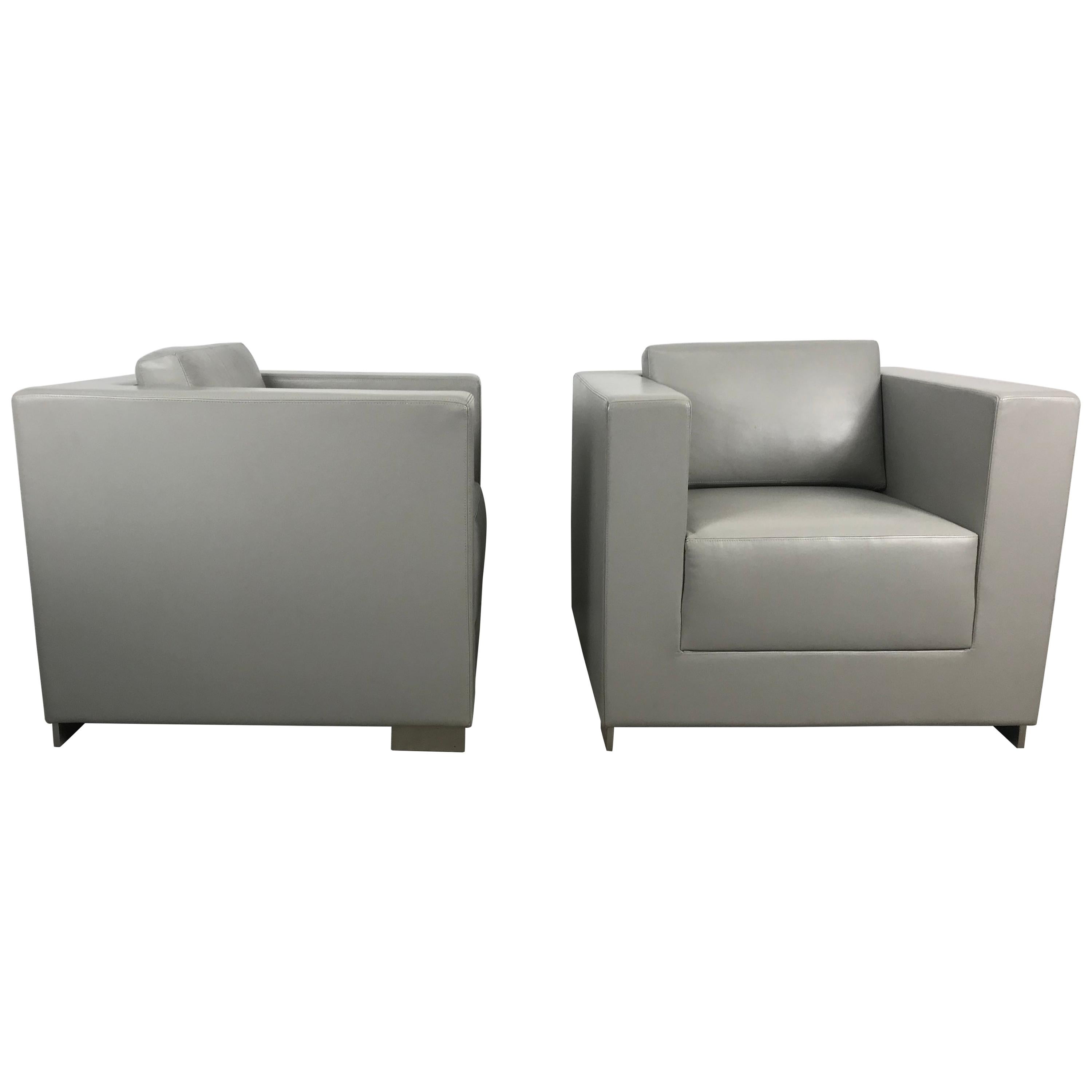 Stunning Pair of Leather Cube Lounge Chairs by Fabien Baron for Bernhardt Design