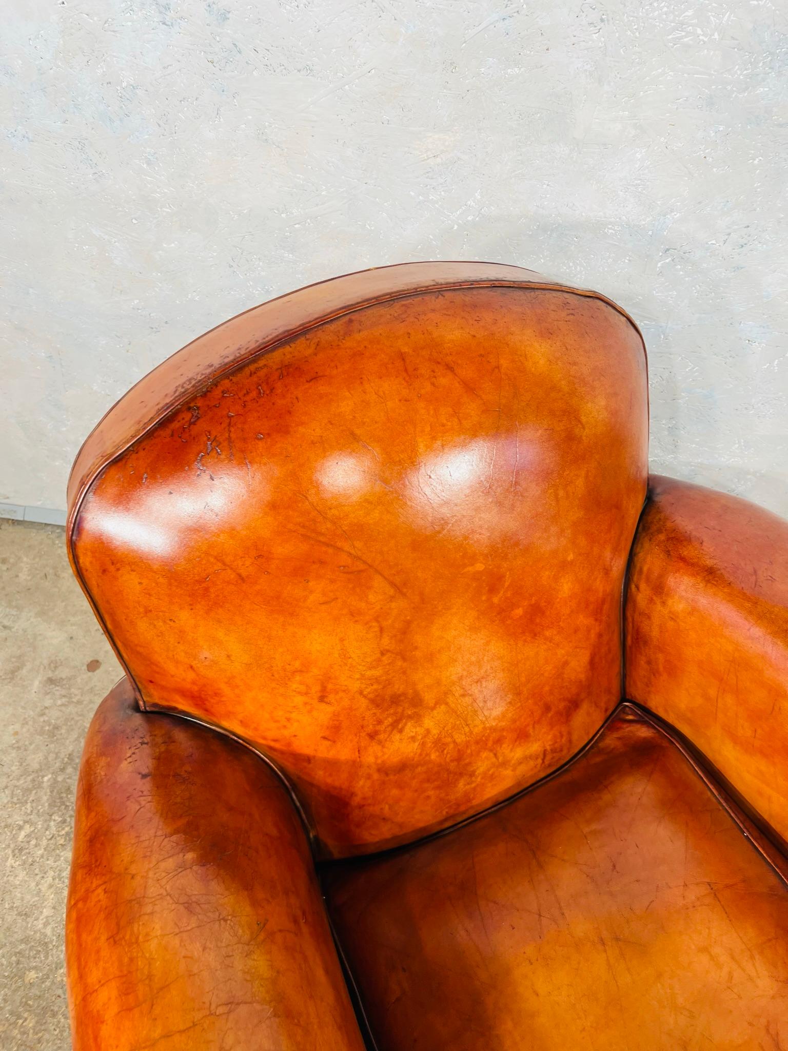 Stunning Pair of Leather French Club Chairs circa 1930 Patinated Cognac Color For Sale 4