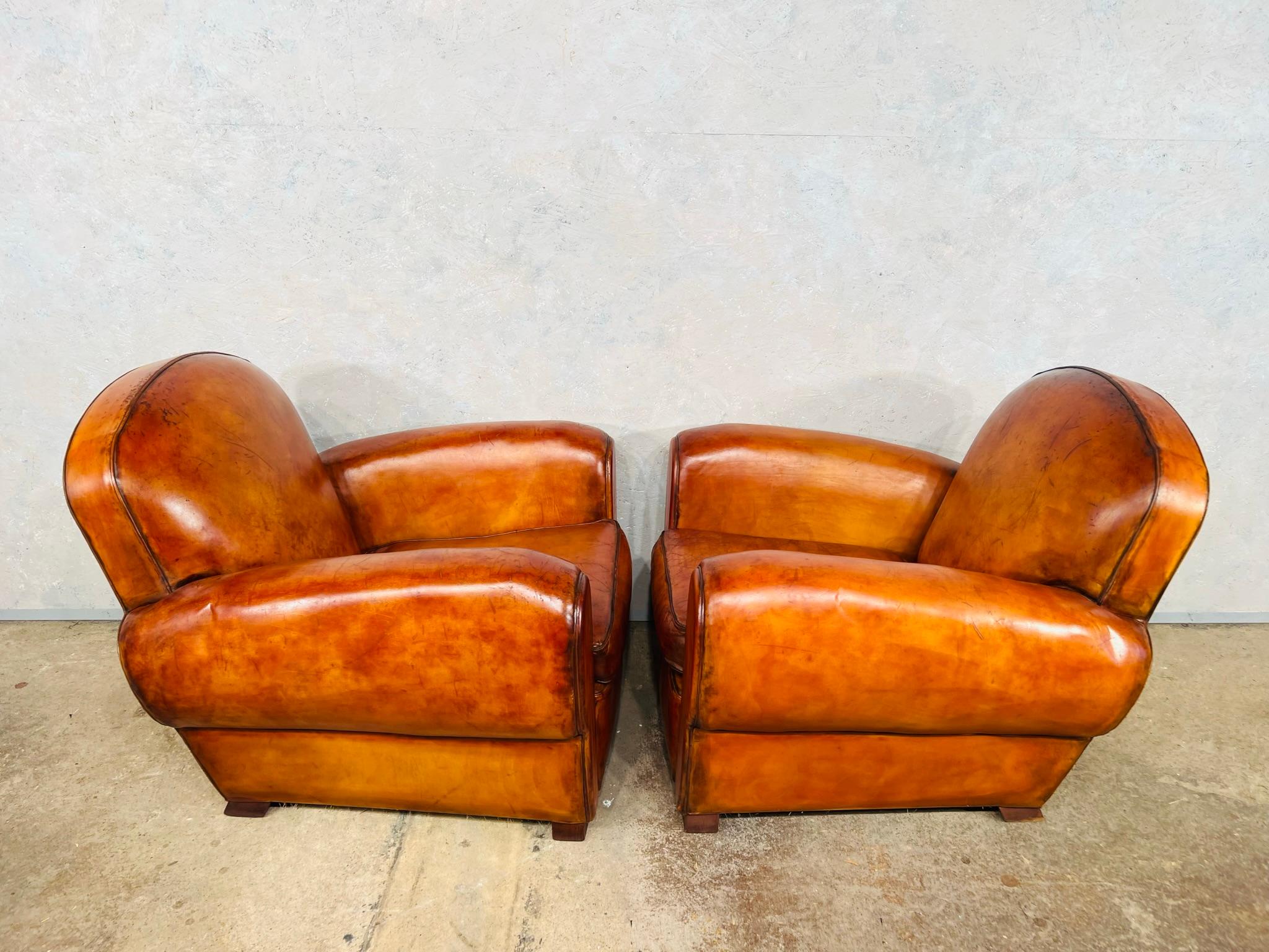 Stunning Pair of Leather French Club Chairs circa 1930 Patinated Cognac Color For Sale 6