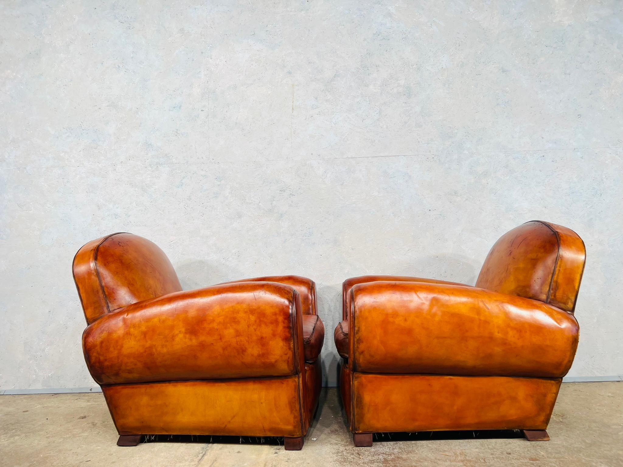 Stunning Pair of Leather French Club Chairs circa 1930 Patinated Cognac Color For Sale 7