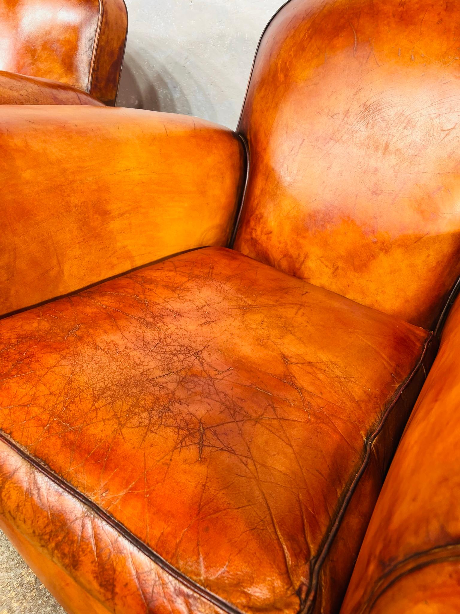 Stunning Pair of Leather French Club Chairs circa 1930 Patinated Cognac Color For Sale 8