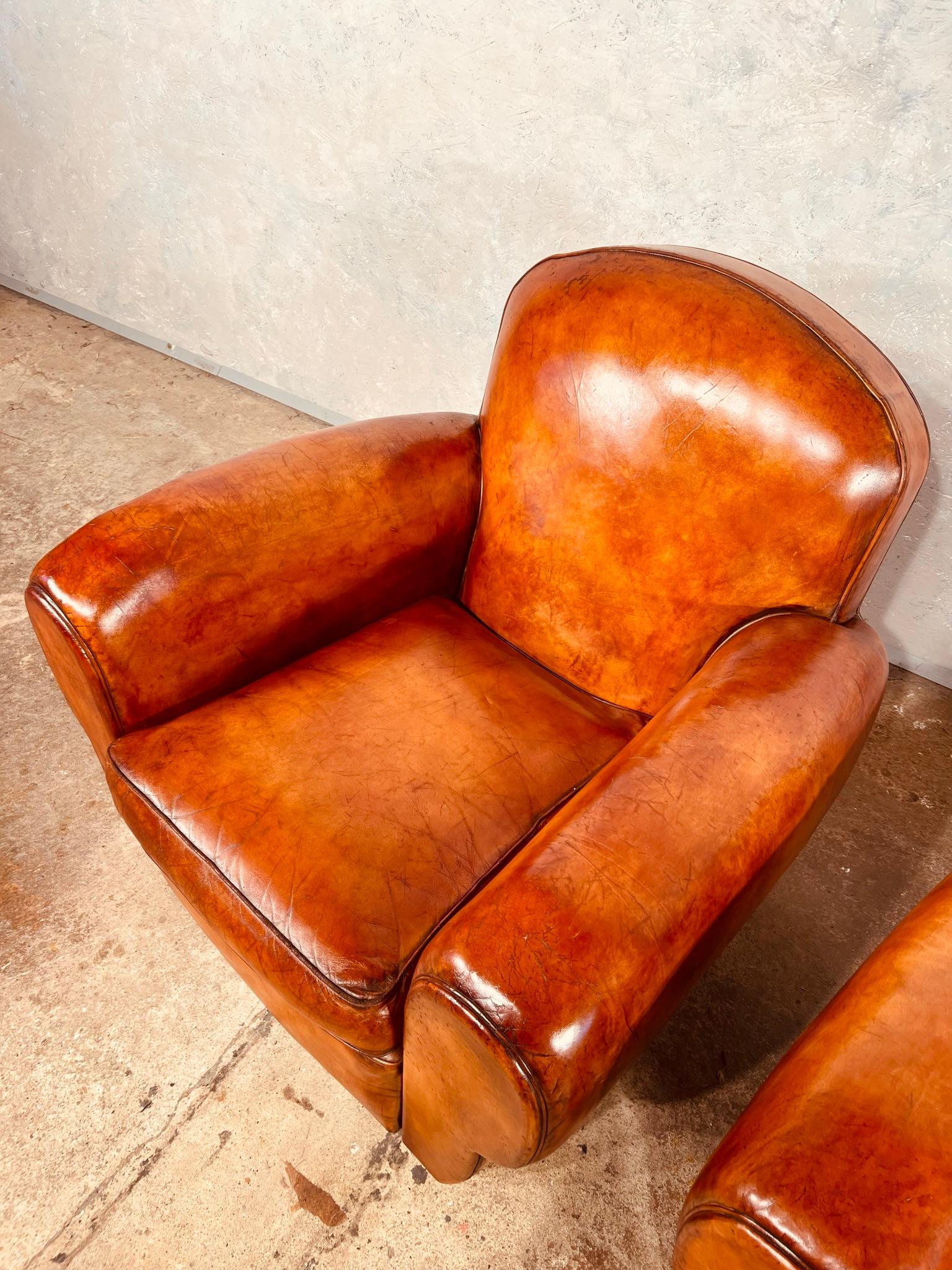 Stunning Pair of Leather French Club Chairs circa 1930 Patinated Cognac Color For Sale 9