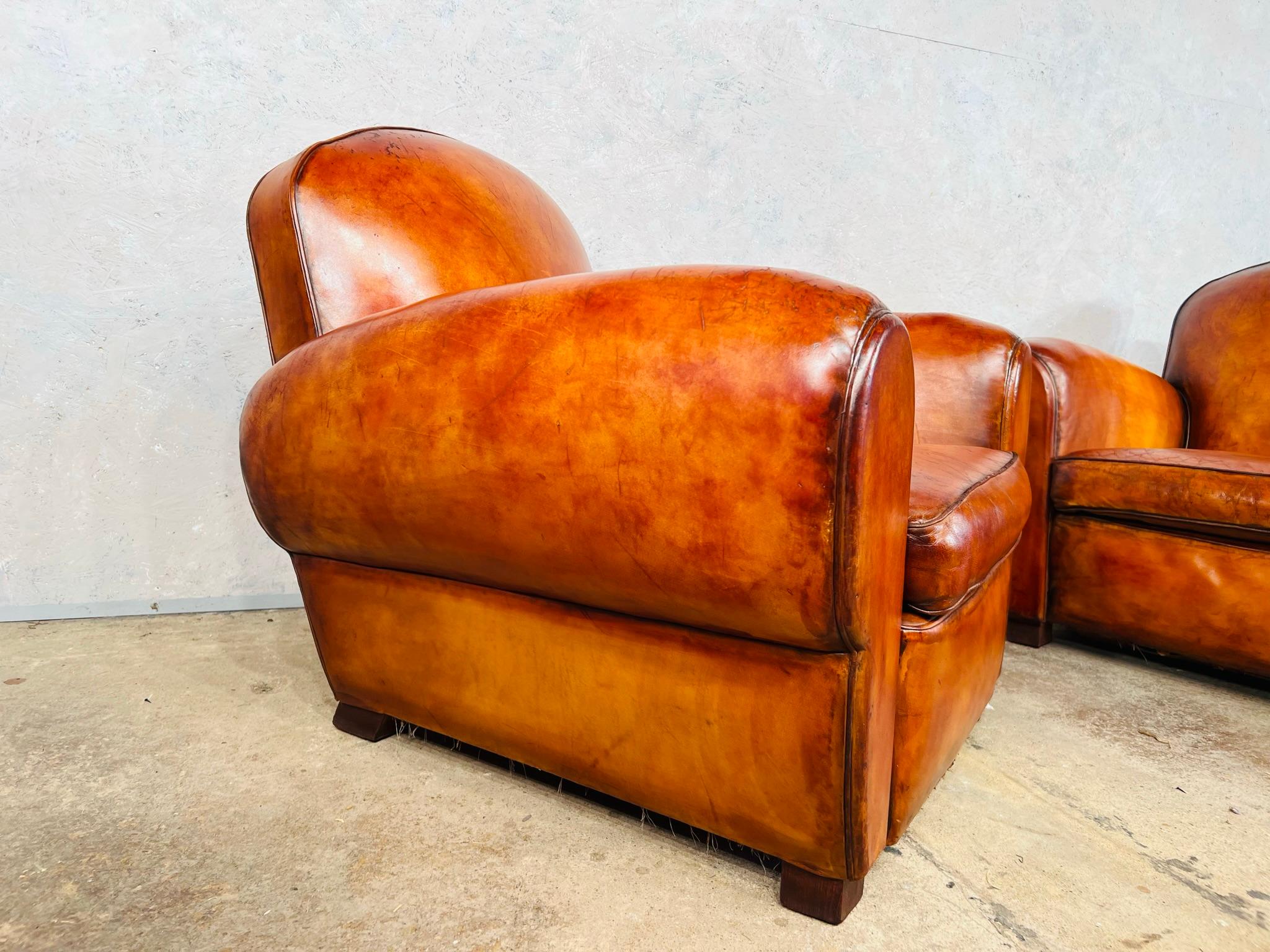 Stunning Pair of Leather French Club Chairs circa 1930 Patinated Cognac Color For Sale 1