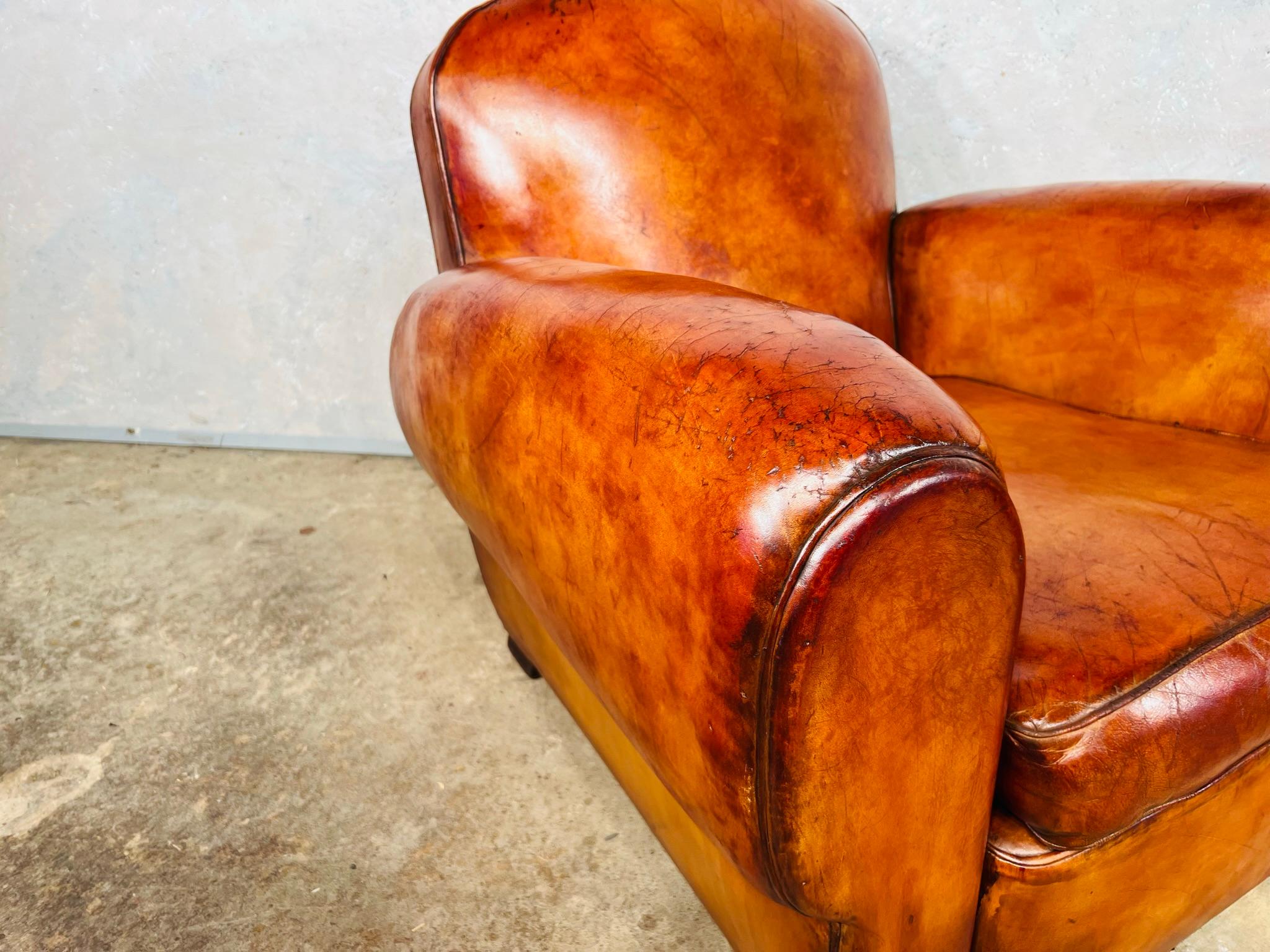 Stunning Pair of Leather French Club Chairs circa 1930 Patinated Cognac Color For Sale 2
