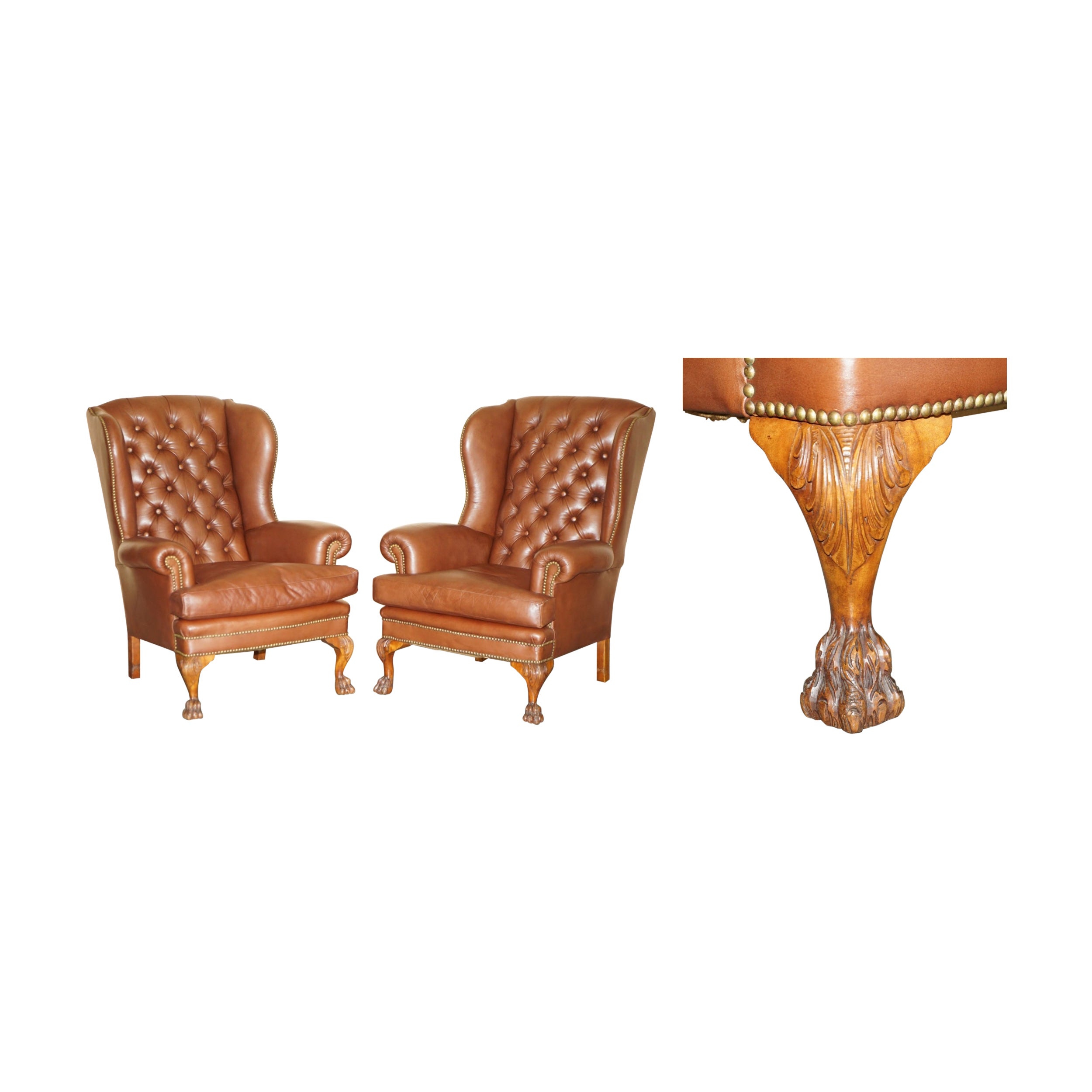 PIRE DE PIÈCES DE PIÈCES DE LION CHESTERFIELD TUFTED WINGBACK ARMCHAIRS en vente