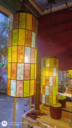 Stunning pair of long Cylindrical Artisan Blown-Glass lamps by Feders Mexico