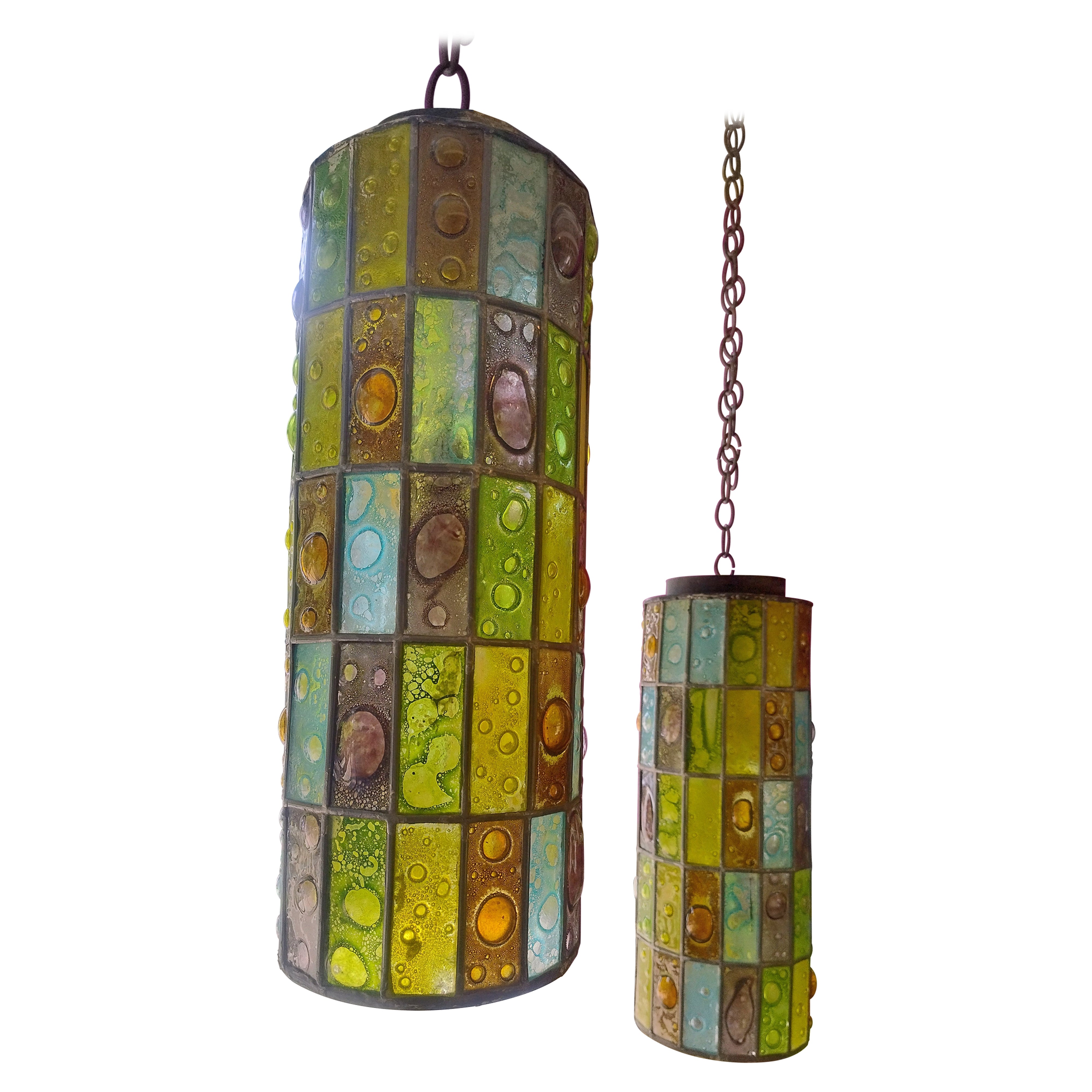 Superbe paire de longues lampes cylindriques en verre soufflé artisanal de Feders Mexico en vente
