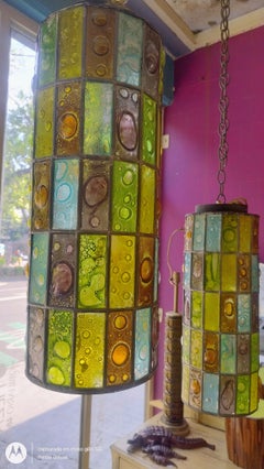 Stunning pair of long Cylindrical Artisan Blown-Glass lamps by Feders Mexico