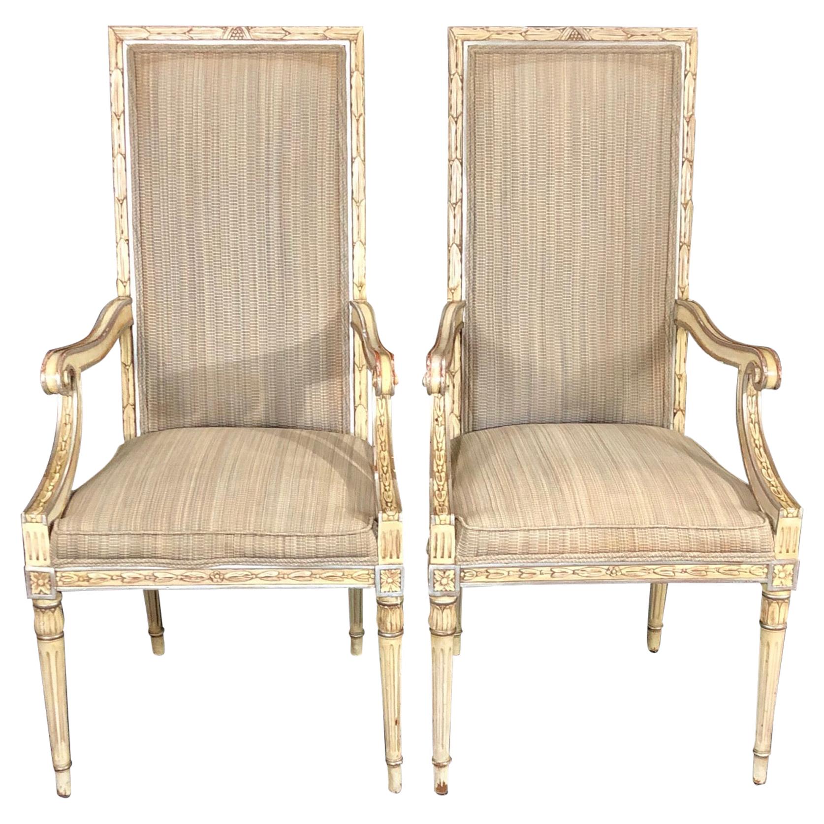 Stunning Pair of Louis XVI Style Painted and Upholstered Neoclassical Armchairs