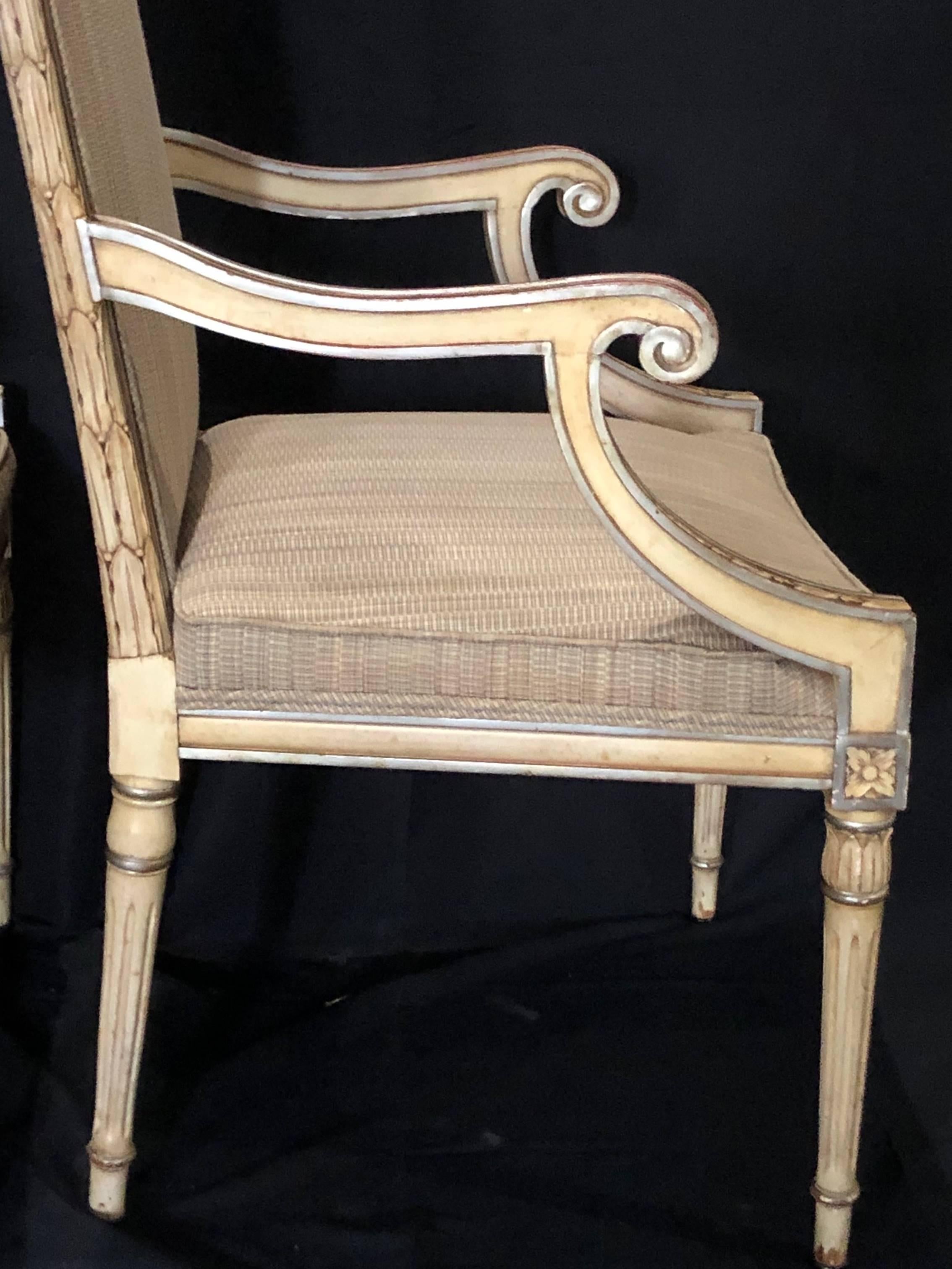 Stunning Pair of Louis XVI Style Painted and Upholstered Neoclassical Armchairs 4