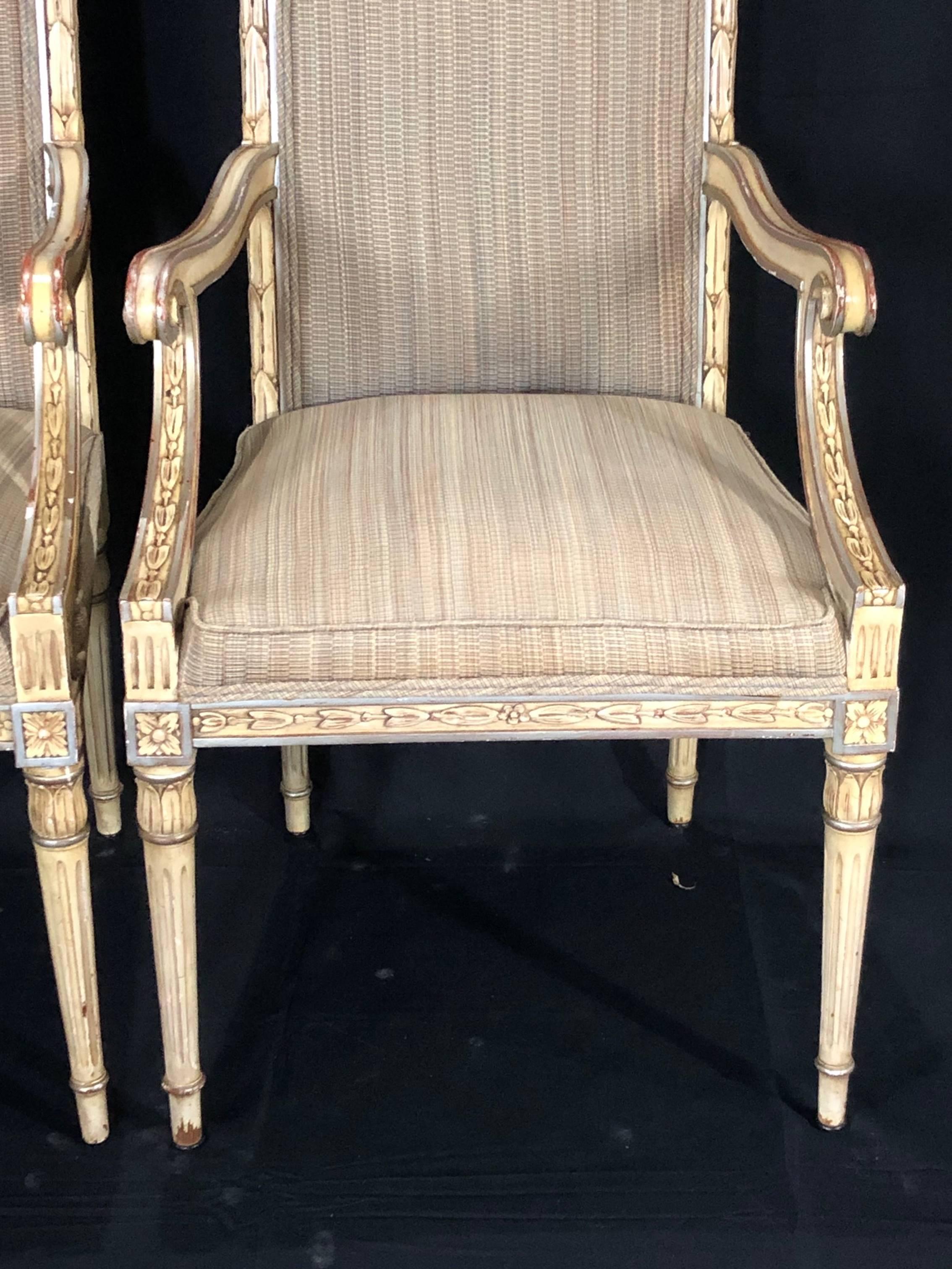 American Stunning Pair of Louis XVI Style Painted and Upholstered Neoclassical Armchairs