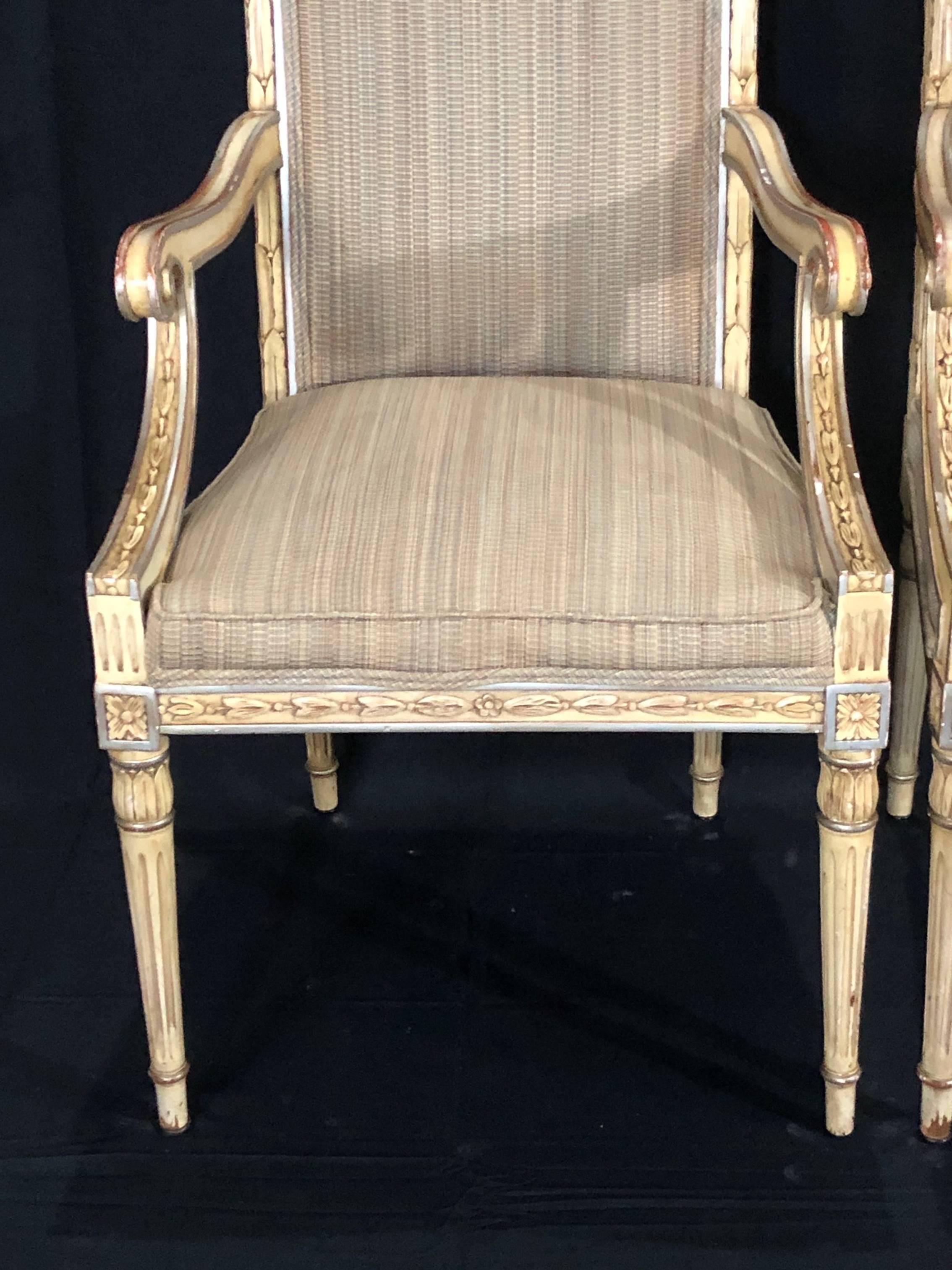 Stunning Pair of Louis XVI Style Painted and Upholstered Neoclassical Armchairs In Good Condition In Hopewell, NJ